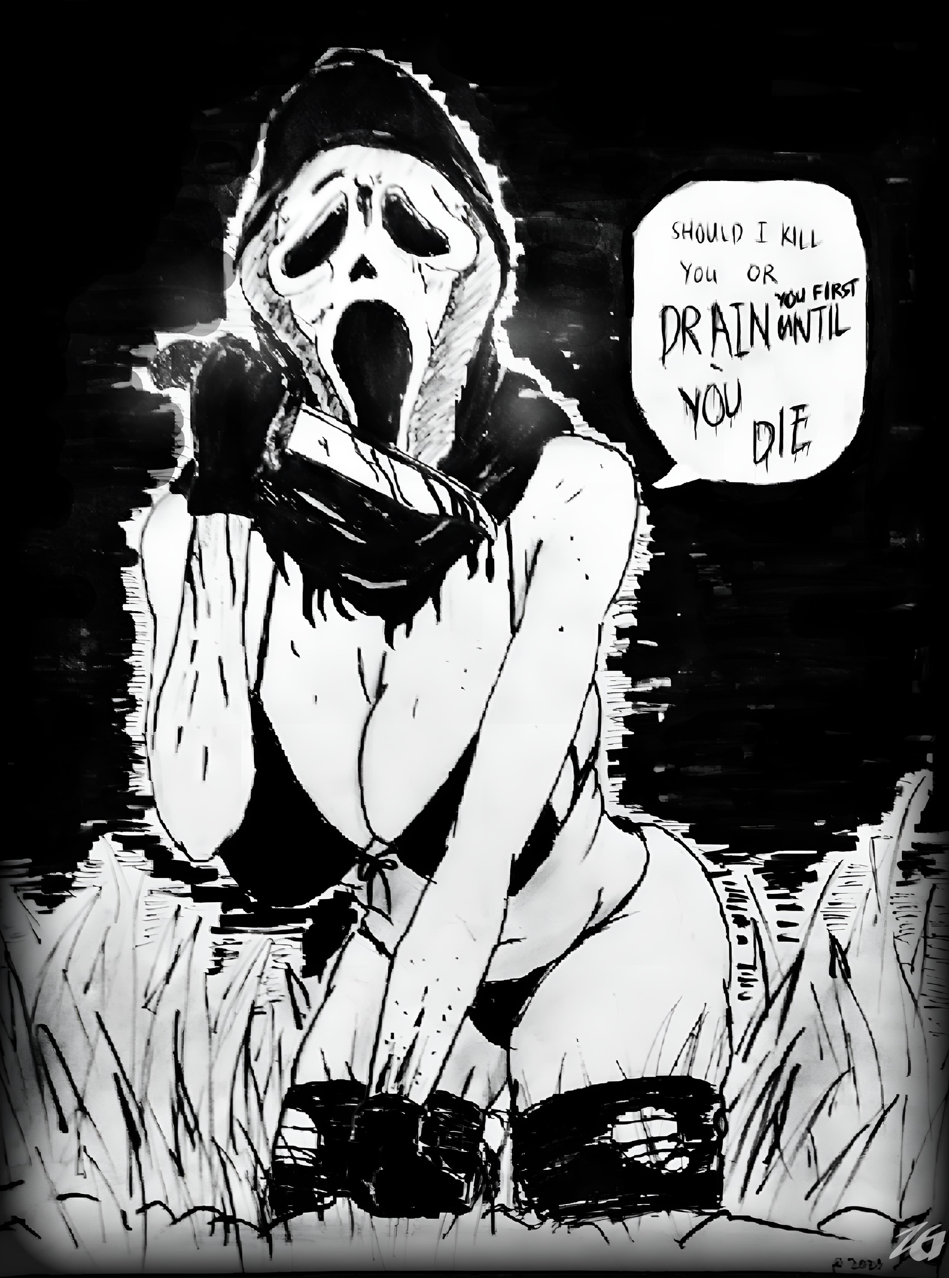 1girls, artist name, blood, breasts, dead by daylight, female, female ghostface, ghostface, ghostface (scream), horror, masked, masked female, scream (franchise), solo
