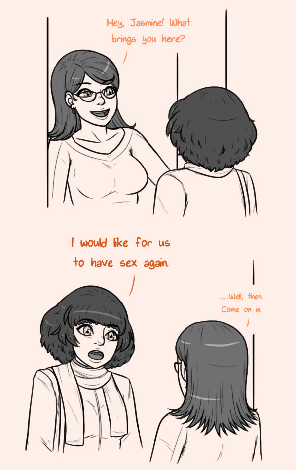 2girls 2koma asking_for_sex bashfulbeckon before_sex comic_page glasses greyscale hannah_okiko_(bashfulbeckon) jasmine_dayal_(bashfulbeckon) original scarf yuri