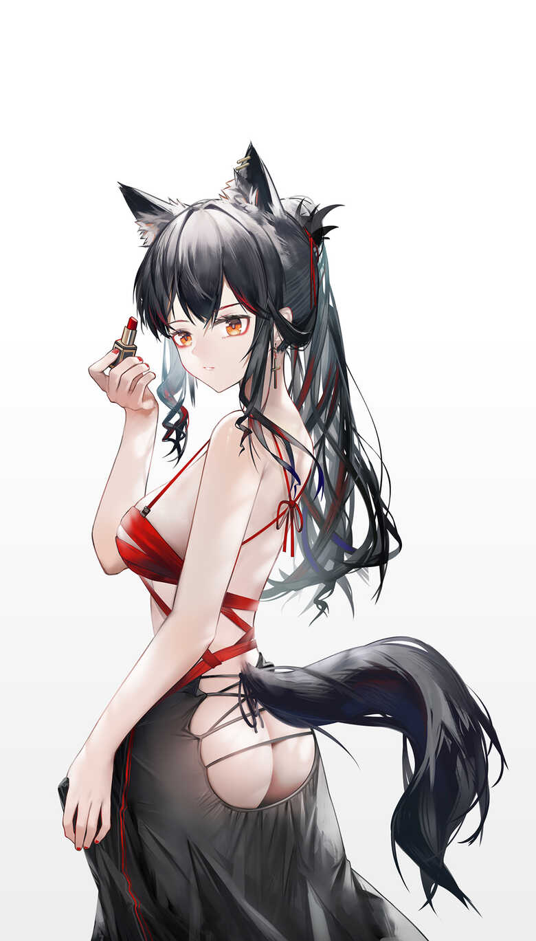 1girls animal_ears arknights ass ass_focus ass_window black_hair light-skinned_female light_skin mix7373 orange_eyes ponytail simple_background solo standing texas_(arknights) wolf_ears wolf_girl wolf_tail