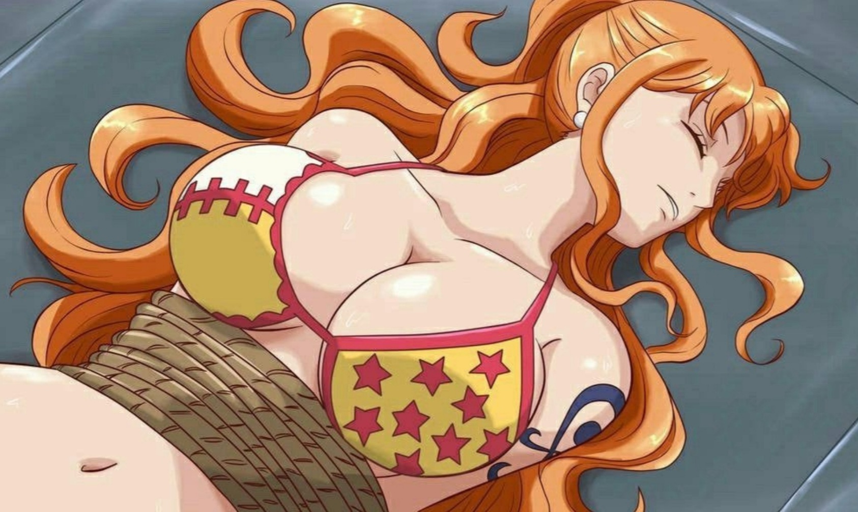 1girls, arm tattoo, belly button, big breasts, blue tattoo, bondage, bra, breasts, breasts focus, closed eyes, closed mouth, female, female focus, female only, huge breasts, long hair, looking away, nami (one piece), one piece, orange hair, orange-haired female, post-timeskip, punk hazard, showing breasts, showing off, star, star (symbol), tattoo, tattoo on arm, tattooed arm, tied arms, tied hair, tied up, whitehe-arts