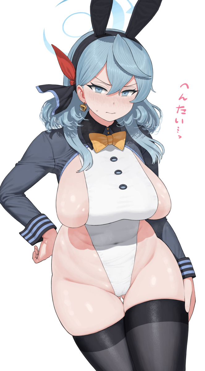 1girls, 2023, ako (blue archive), alternate version available, blue archive, blue eyes, blue hair, breasts, bunny ears, female, female focus, gehenna academy student, halo, hi res, high resolution, highres, hips, huge breasts, looking at viewer, maruko tooto, matching hair/eyes, medium hair, prefect team (blue archive), sideboob, solo, solo female, solo focus, thighhighs, thighs, wide hips