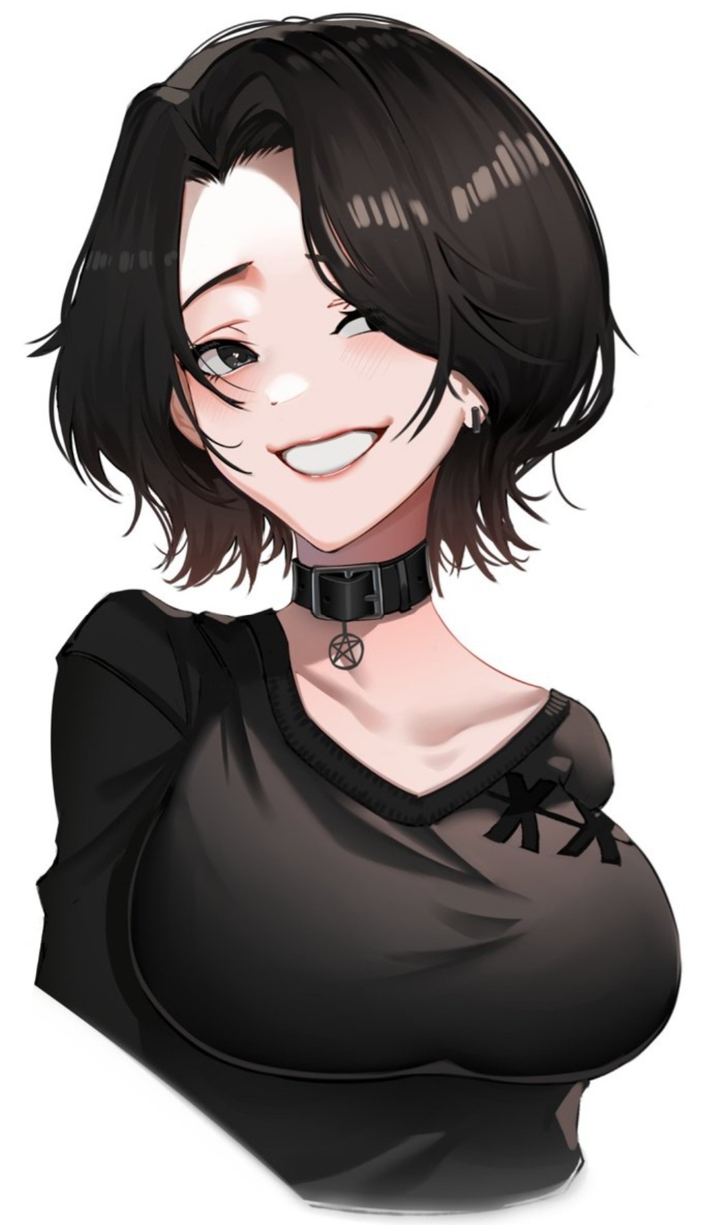 1girls big_boobs big_breasts big_tits black_clothing black_hair boobs breasts doomer_girl female female_focus female_only fully_clothed goth goth_girl harris_hero huge_boobs huge_breasts huge_tits looking_away meme neck_strap open_mouth smile smiling star star_(symbol) tits wojak_comics