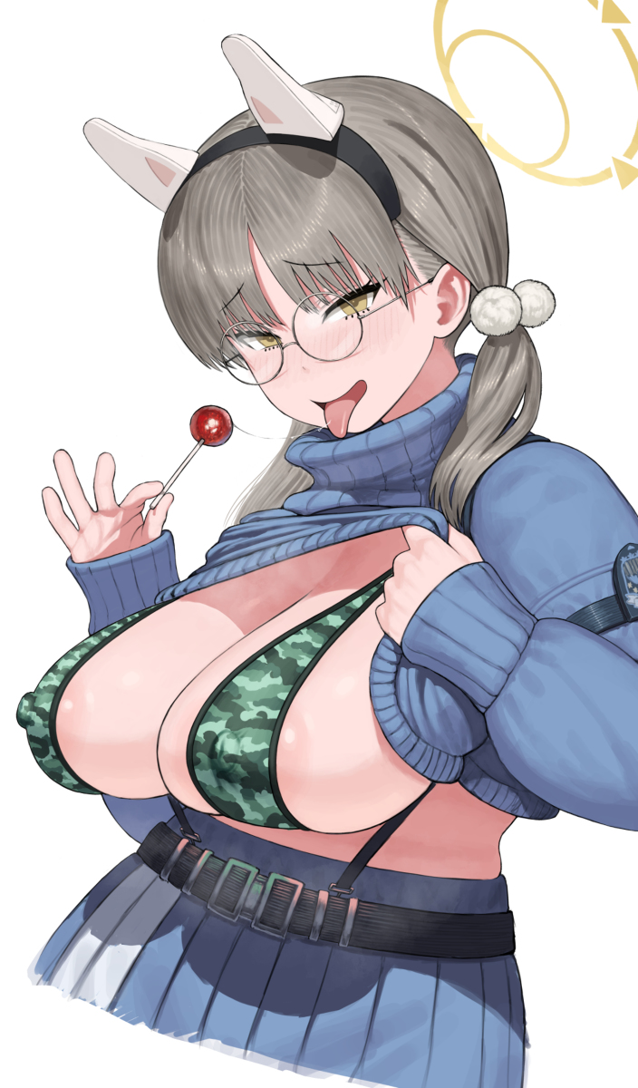 1girls 2023 absurd_res alternate_version_available areola_slip blue_archive bra breasts brown_eyes brown_hair camouflage cleavage female female_focus glasses halo hips huge_breasts lollipop looking_at_viewer maruko_tooto moe_(blue_archive) nipple_bulge rabbit_squad_(blue_archive) seductive seductive_look shirt_lift sideboob solo solo_female solo_focus srt_special_academy_student tongue tongue_out