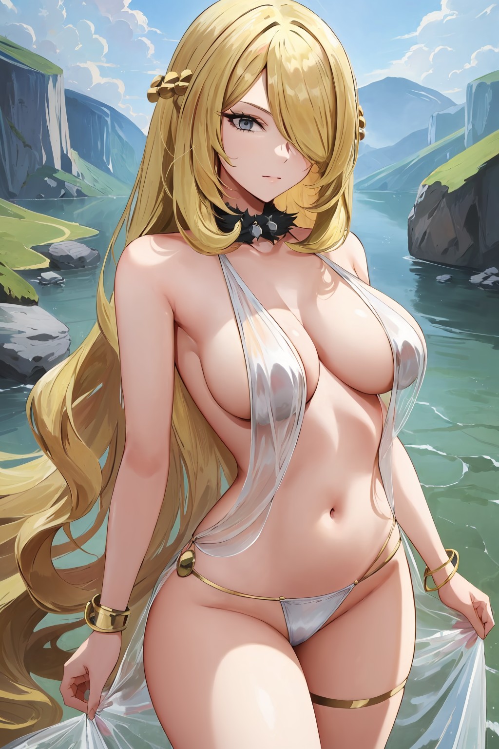 ai generated, blonde hair, breasts, cynthia (pokemon), female, female only, nai diffusion, nintendo, pokemon, solo, stable diffusion, white skin