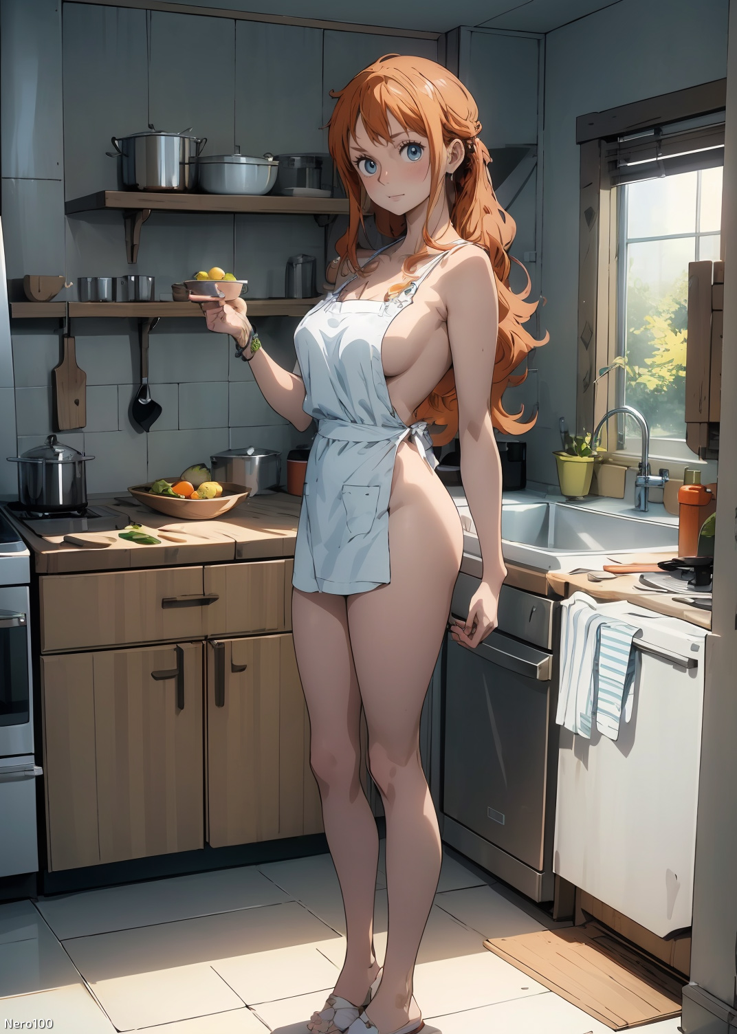 1girls, ai generated, angry, angry face, apron, apron only, ass, athletic, athletic female, bare shoulders, big breasts, blue eyes, blush, breasts, cooking, cosplay, curvy, curvy figure, detailed, eyelashes, female, female only, fit, fit female, ginger, high quality, housewife, huge breasts, kitchen, large breasts, light skin, light-skinned female, lips, lipstick, long hair, looking at viewer, mascara, naked, naked apron, nami (one piece), nude, one piece, orange hair, pale skin, pale-skinned female, posing, post-timeskip, seductive, seductive look, solo, stable diffusion, standing, tagme, thick ass, thick legs, thick thighs, young