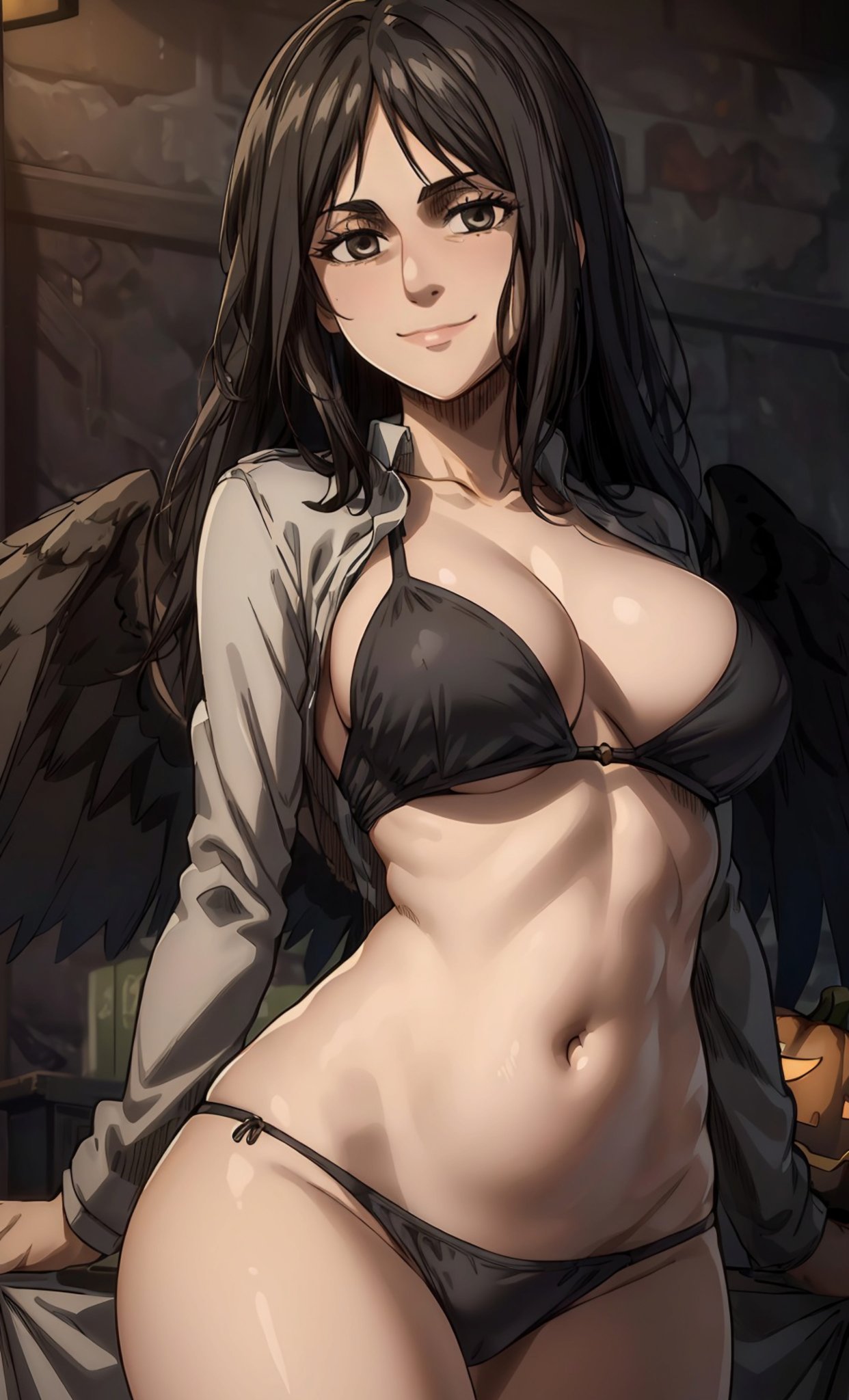 ai generated, attack on titan, black hair, breasts, female, female only, looking at viewer, nai diffusion, pieck finger, solo, stable diffusion, white skin