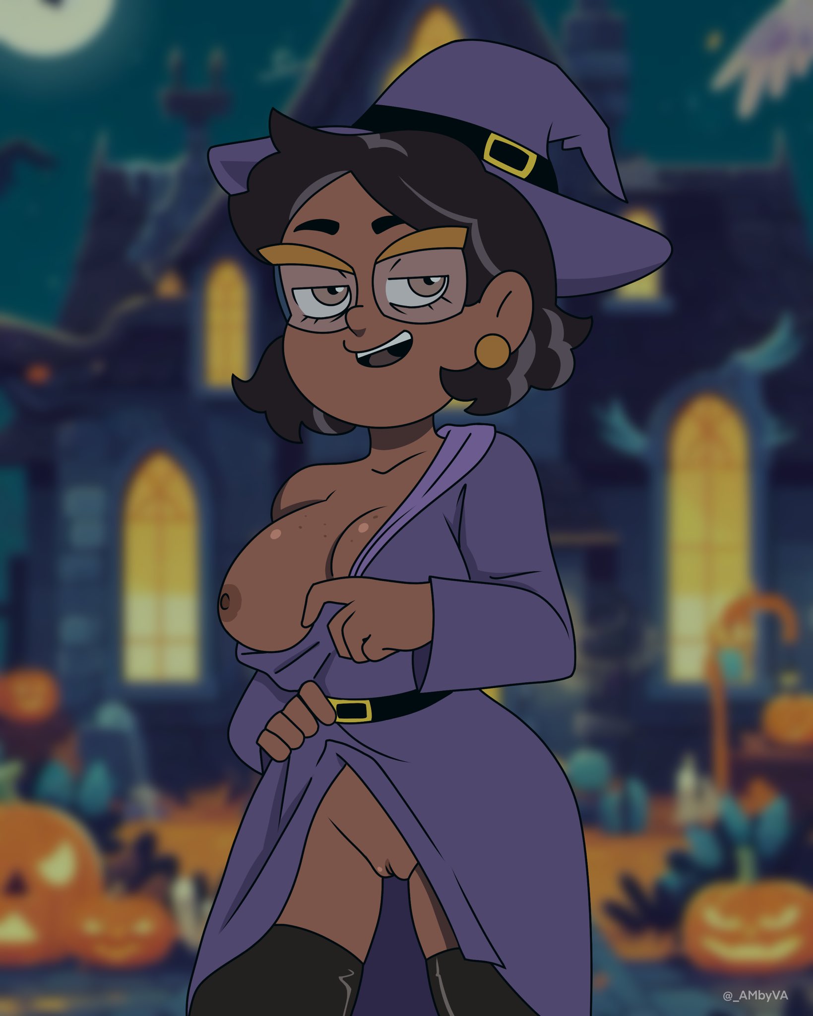 1girls, ambyva, areolae, big breasts, breasts, camila noceda, dark skin, dark-skinned female, disney, disney channel, exposed breasts, female, female focus, female only, glasses, halloween, halloween costume, latina, looking at viewer, mature female, milf, mother, nipples, no bra, no panties, pussy, shaved pussy, the owl house, wide hips, witch costume, witch hat