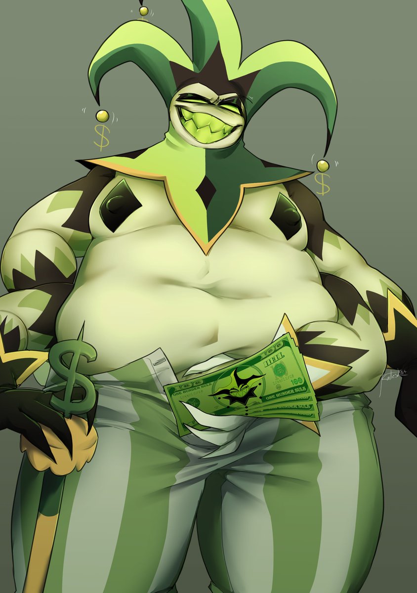 cane censor_bar chubby_male clothing demon fool's_hat hat headgear headwear hi_res humanoid kattesl male mammon_(helluva_boss) money money_cane money_sign moobs overweight overweight_male shirtless solo unzipped unzipped_pants zipper