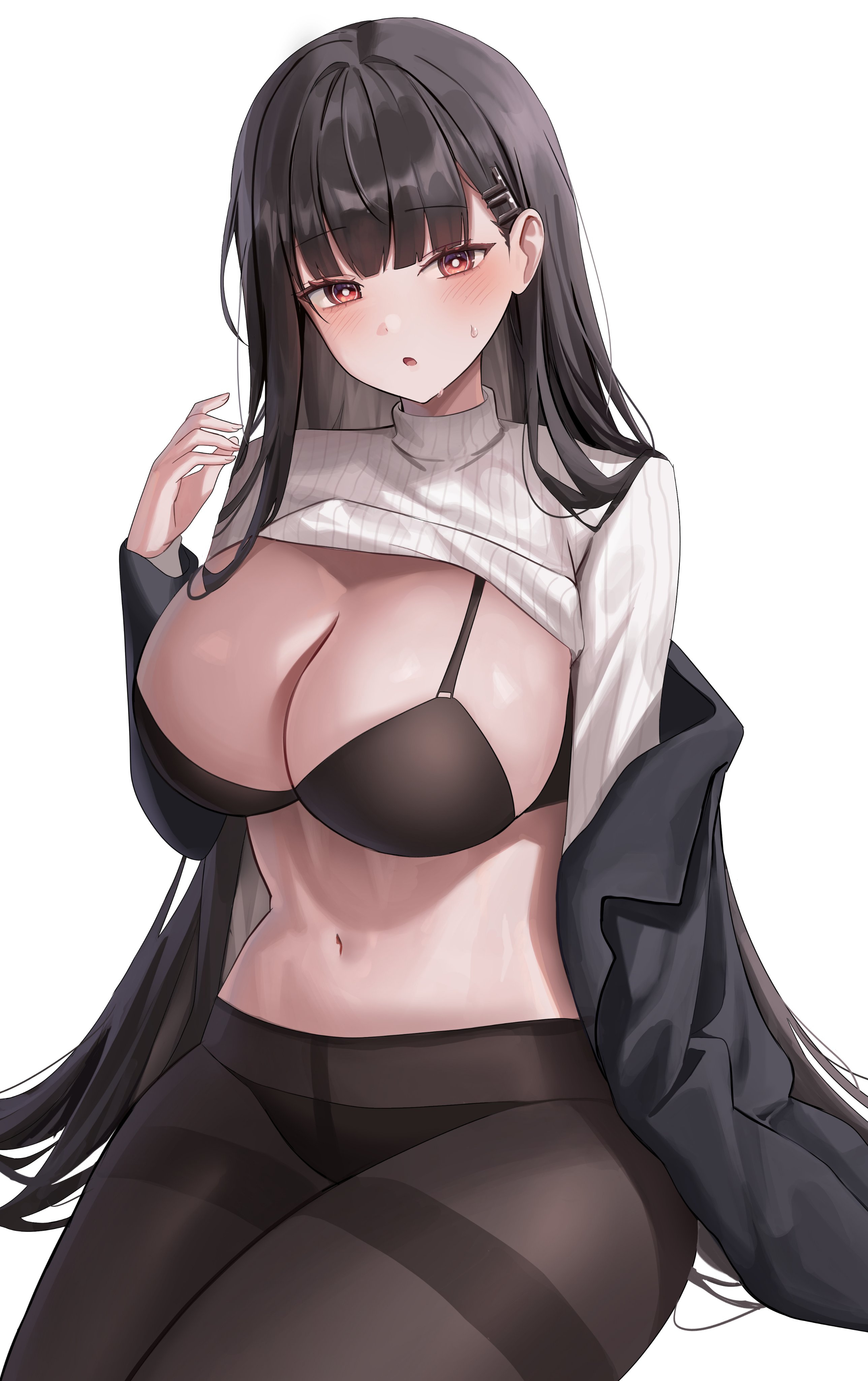 arm support, artist request, blue archive, bra, breasts, female, huge breasts, millennium science school student, off shoulder, pantyhose, rio (blue archive), seminar (blue archive), shiny skin, sitting, sweatdrop, sweater, sweater lift, sweaty, sweaty face, tagme (artist), white background, white pupils