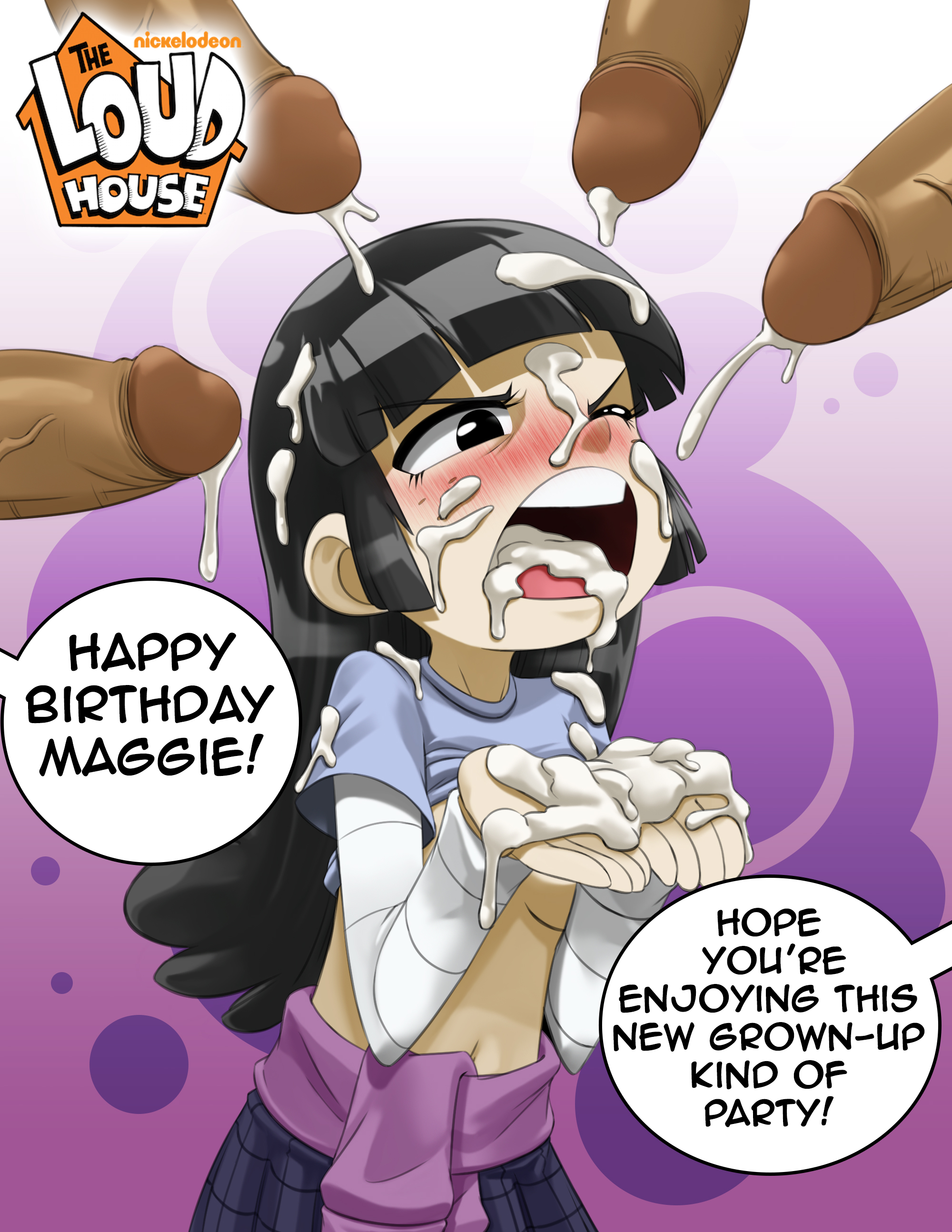 1girls, breasts, bukkake, clothing, cum, dubious consent, female, hazardhead69, long hair, maggie (the loud house), male, multiple penises, no bra, partial male, penis, semen, tagme, teeth, text, the loud house