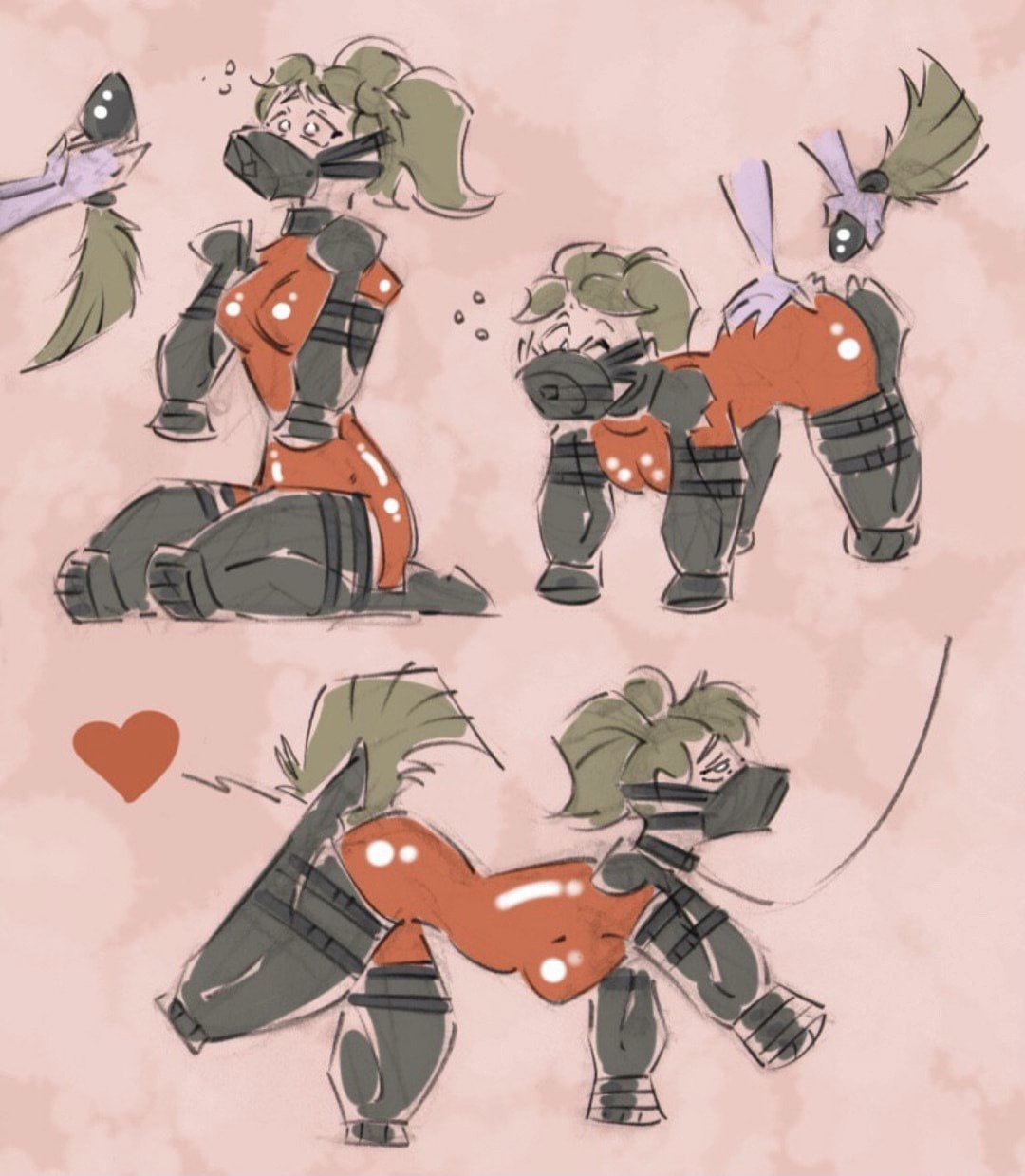1girls, anal, anal plug, bitchsuit, bondage, brown hair, buttplug, buttplug tail, choker, collar, disembodied hands, female, gag, gagged, large buttplug, leash, muzzle gag, questionable consent, red bodysuit, twintails