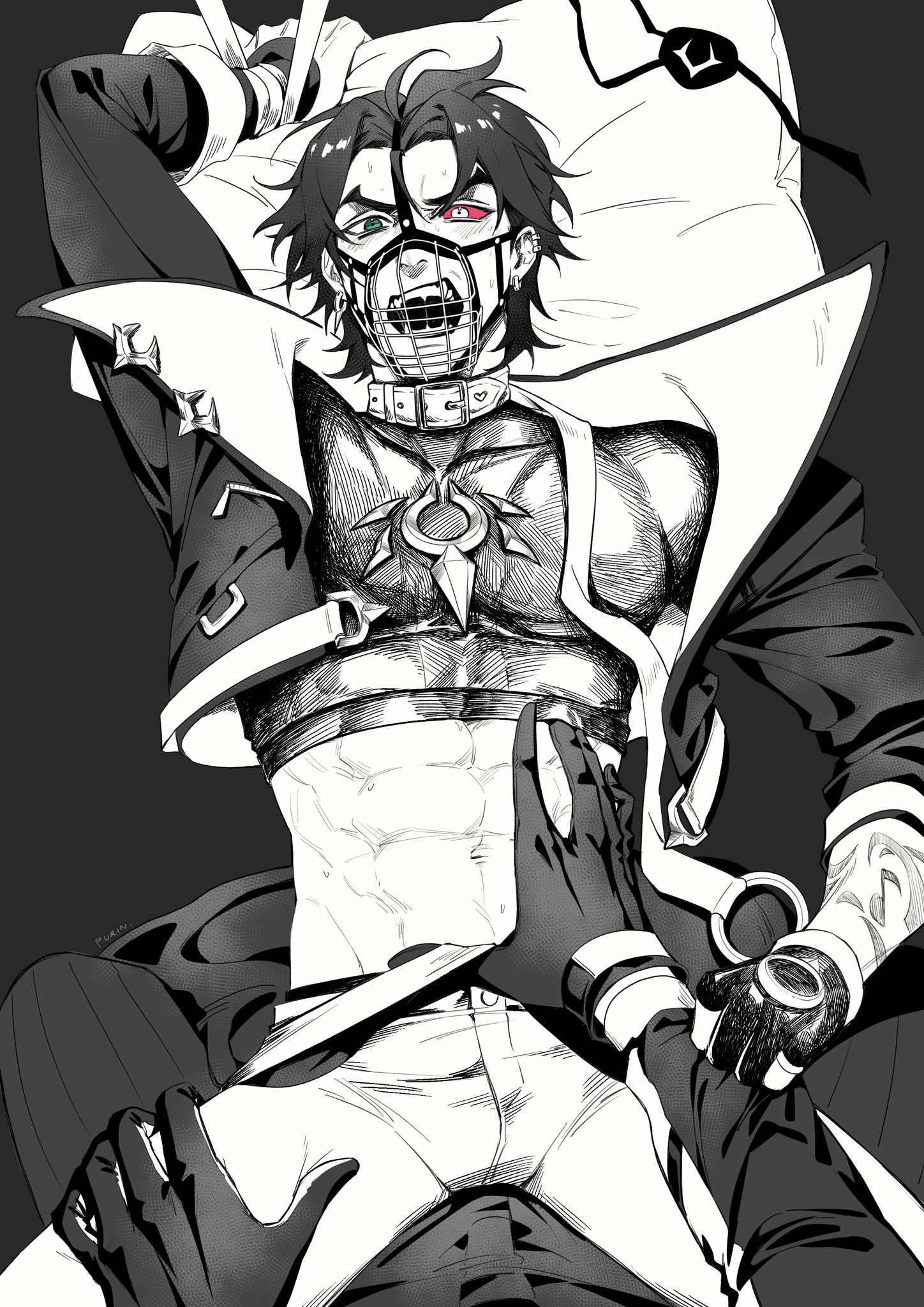 abs, alternate version available, belt collar, black and white, clothing, crop top, domination, gay, gloves, heartsteel kayn, heartsteel series, heartsteel yone, kayn, league of legends, male, male only, muscular, muscular male, muzzle (object), muzzled, purinrin001, submissive, submissive male, yaoi, yone