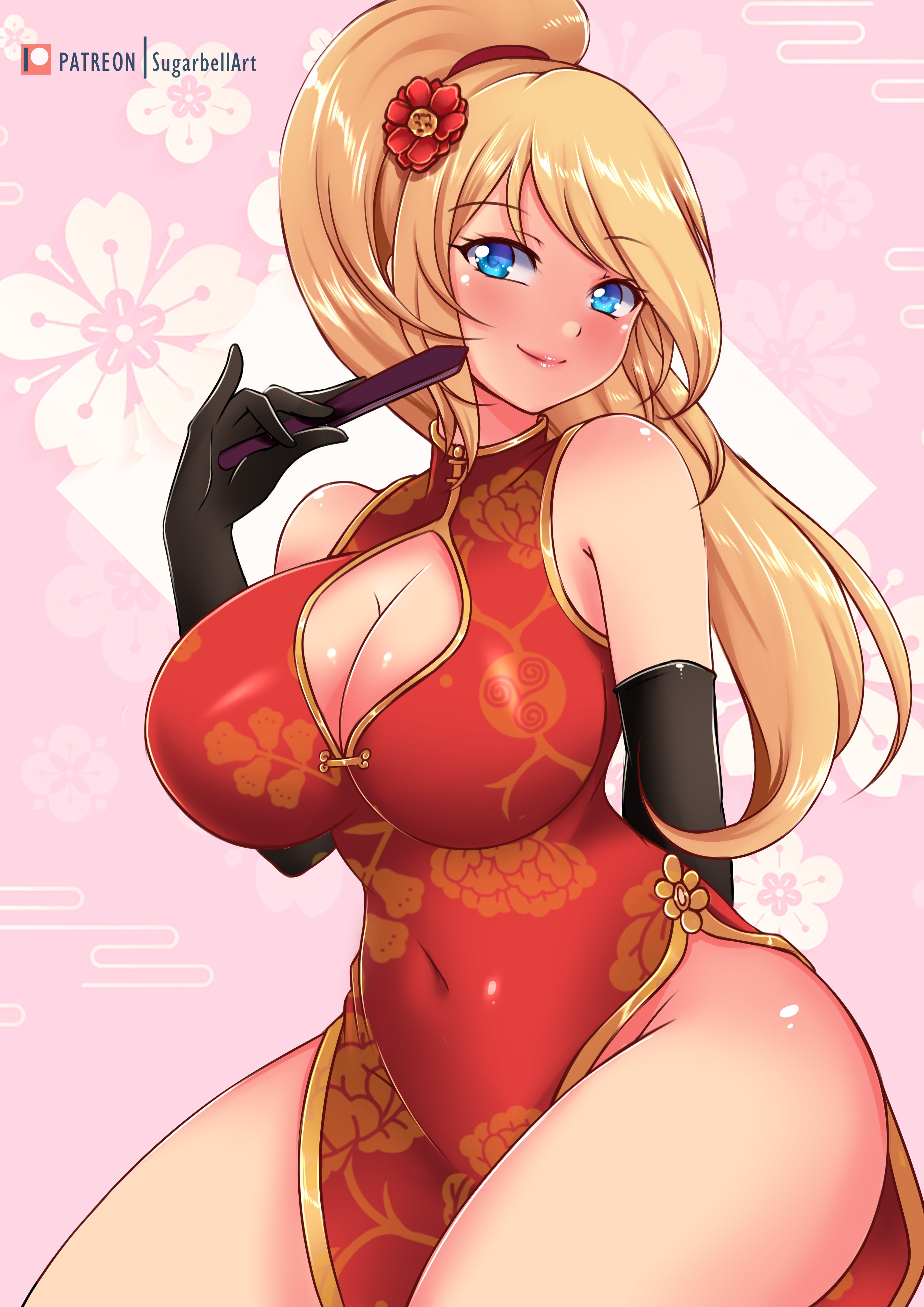 1girls, bare legs, bare thighs, blonde hair, blue eyes, breasts, china dress, curvy, dress, elbow gloves, female, floral print, gloves, hair flower, hand fan, holding fan, large breasts, looking at viewer, metroid, navel, nintendo, no panties, ponytail, red dress, samus aran, sugarbell, thick thighs
