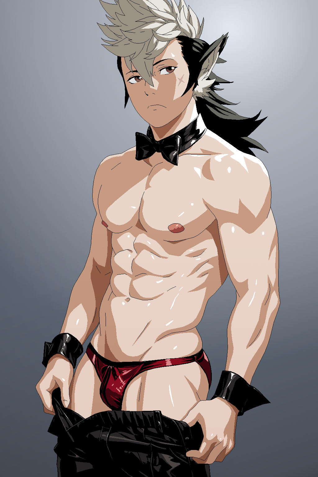 1boy abs black_hair brown_eyes fire_emblem fire_emblem_fates keaton_(fire_emblem) long_hair male male_only multicolored_hair muscular muscular_male nintendo pants scar sexyanimes solo underwear undressing white_hair wolf_boy