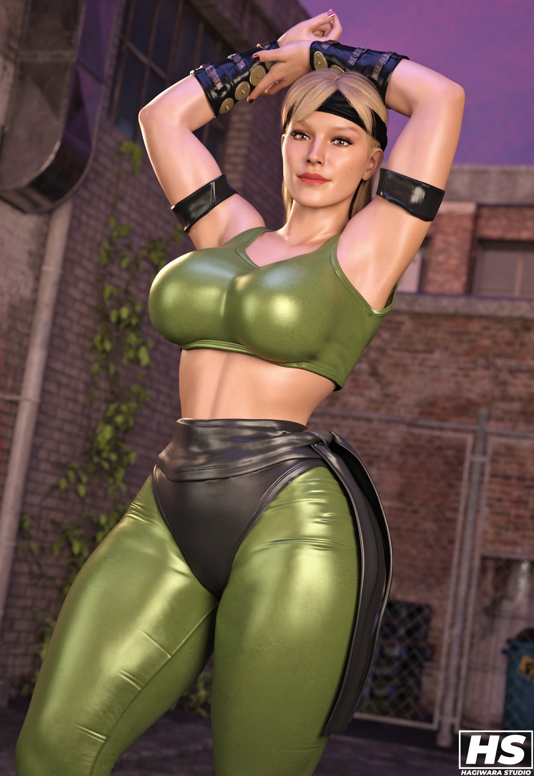1girls, 3d, 3d model, abs, armpits, ass, big ass, big breasts, blonde hair, breasts, cleavage, female, female only, fit, fit female, fully clothed, hagiwara studio, light skin, light-skinned female, mature female, midriff, milf, mortal kombat, mortal kombat 1 (2023), solo, sonya blade, sonya blade (mk 1), thick thighs, tights, wide hips