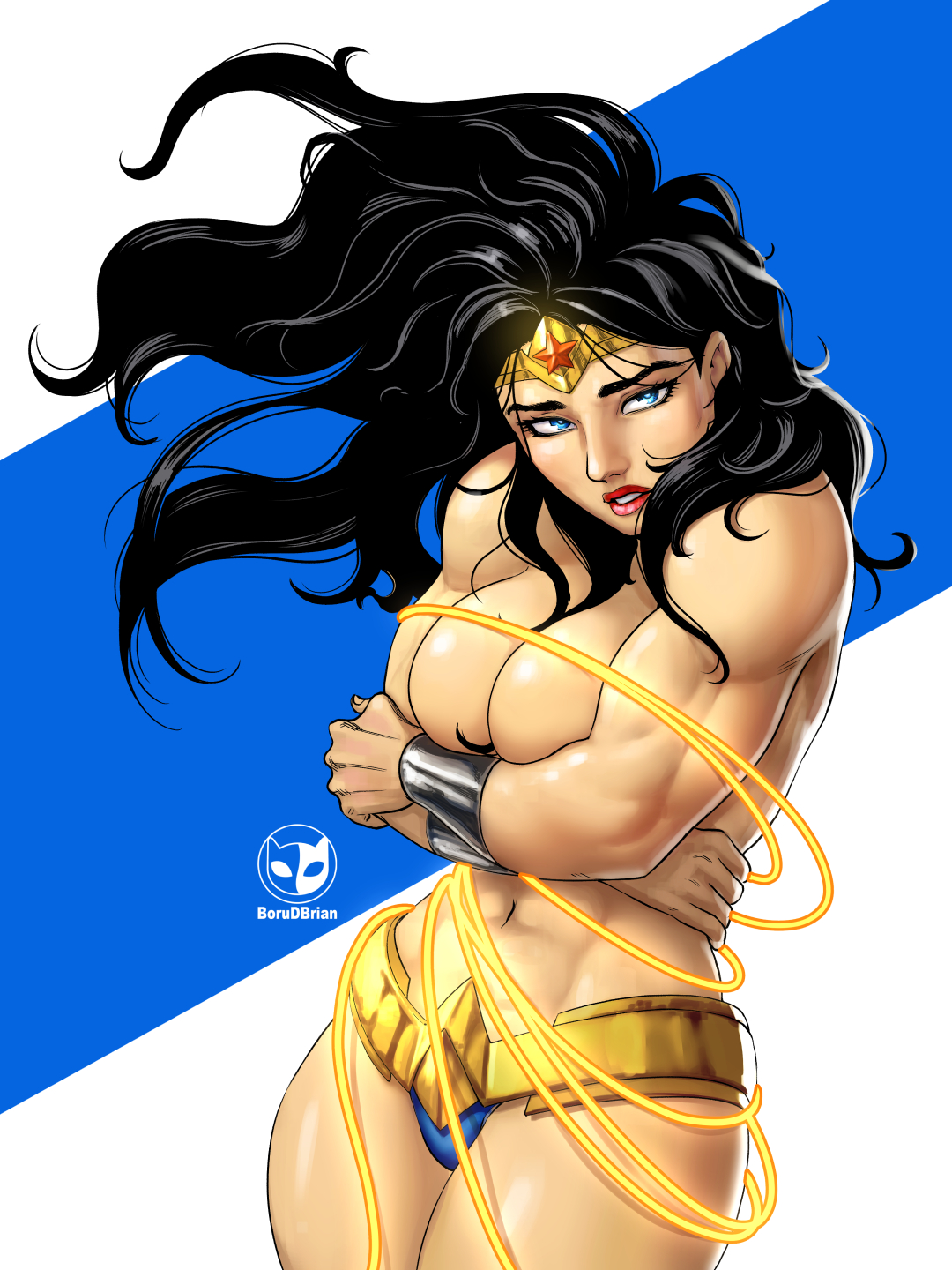 1girls, amazon, artist name, athletic, athletic female, belt, big breasts, black hair, blue eyes, borudbrian, bracelet, breasts, bust, busty, chest, cleavage, covered nipples, cropped legs, dc, dc comics, demigod, demigoddess, diana of themyscira, diana prince, embarrassed, embarrassed nude female, enf, entangled, eyes, female, female focus, fit, fit female, hair, headband, heroine, hips, huge breasts, human, justice league, large breasts, lasso, lasso of truth, legs, light skin, light-skinned female, lips, long hair, looking at viewer, muscular, muscular female, red lips, rope, simple background, superhero, superheroine, themysciran, thighs, tiara, topless, waist, wardrobe malfunction, wide hips, wonder woman, wonder woman (series)