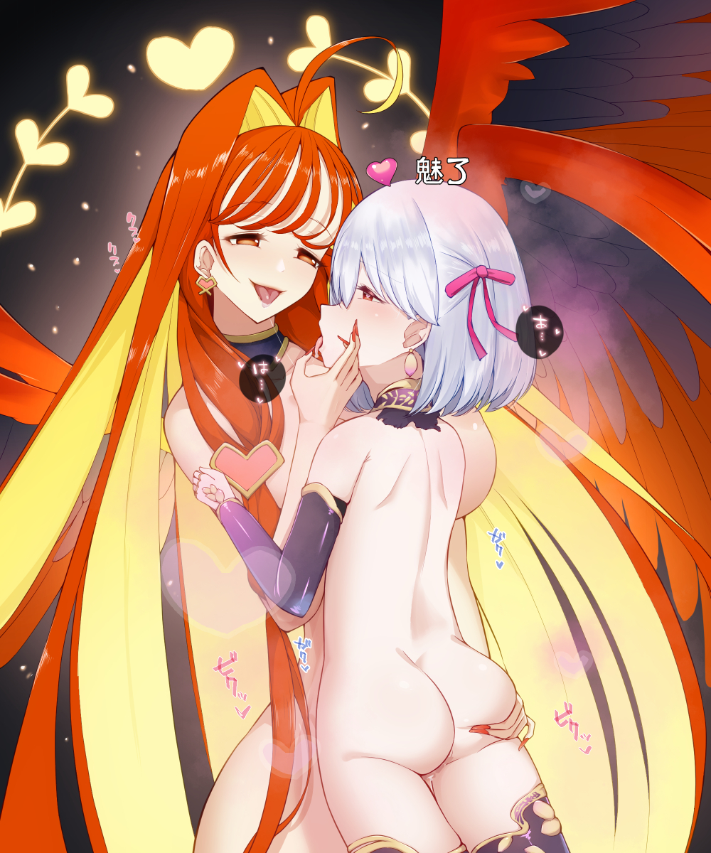 2girls aphrodite_(fate/grand_order) areolae ass ass_grab back bare_back bow breasts brown_hair chapa_kari charm charmed defeated detached_collar detached_sleeves ear_piercing earrings fate/grand_order fate_(series) heart-shaped_pupils kama_(fate) kama_(fate/grand_order) large_breasts long_hair long_nails multicolored_hair multiple_girls nail_polish open_mouth orange_eyes orange_hair painted_nails piercing pink_eyes ribbon short_hair small_breasts status_effect thighhighs thighhighs_only thighs tongue tongue_out white_hair wings yellow_hair yuri