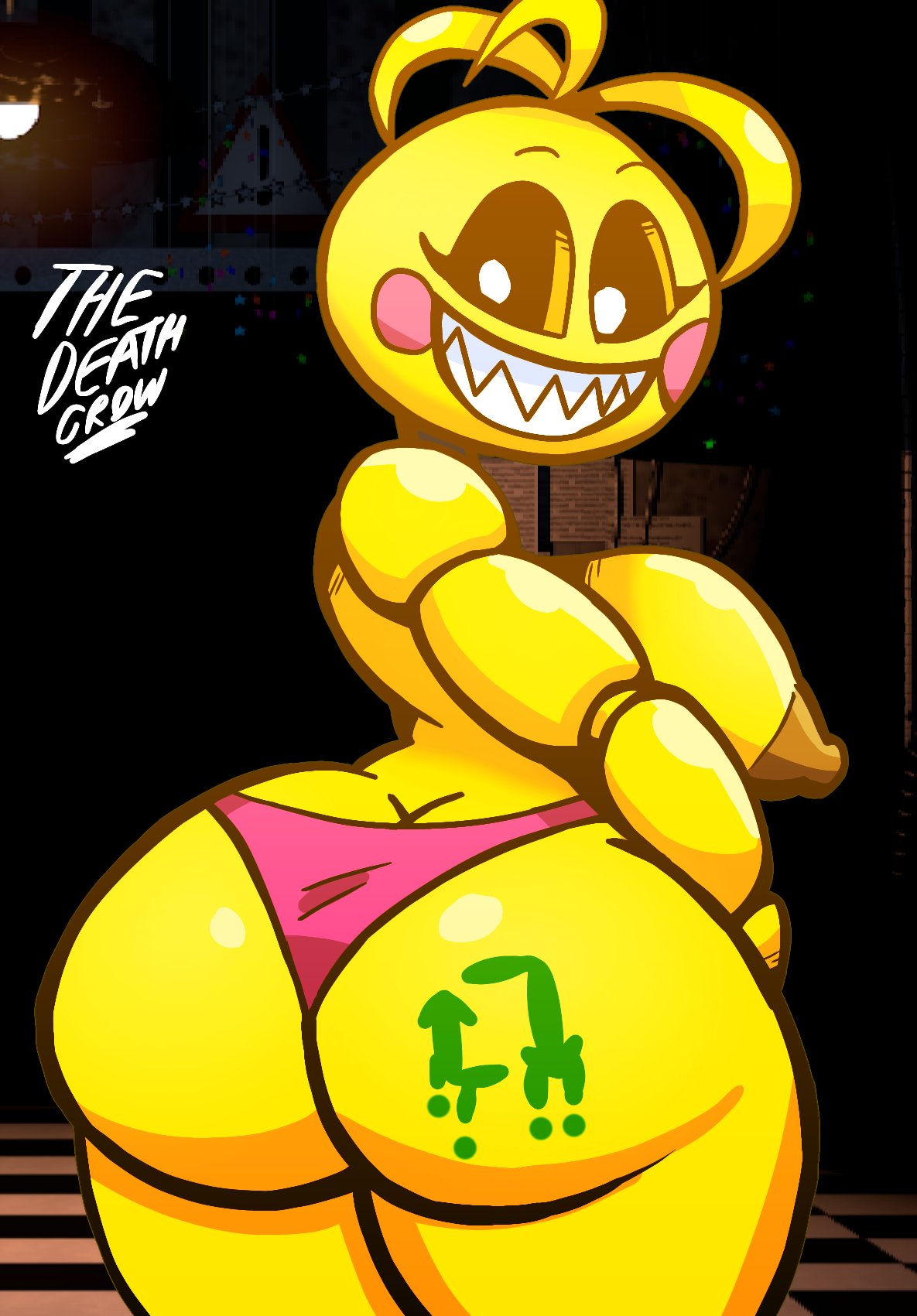 1girls, animatronic, anthro, anthro only, ass, ass cleavage, ass crack, avian, big ass, big breasts, bird, breasts, butt crack, chicken, female, female only, five nights at freddy's, five nights at freddy's 2, grin, nipples, panties, robot, sharp teeth, solo, teeth, thedeathcrow05, toy chica (fnaf), underwear, white eyes, yellow body, yellow skin