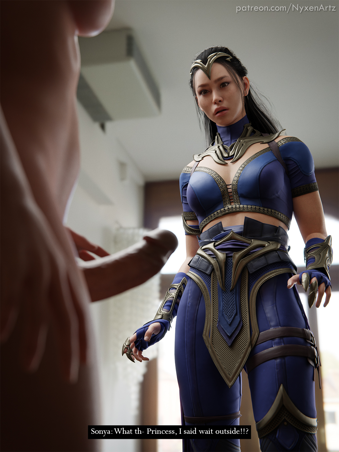3d, caption, clothed female nude futa, erection, female, futa on female, futanari, imminent sex, intersex, kitana, kitana (new era), looking at penis, mortal kombat, mortal kombat 1 (2023), nyxenartz, penis, penis awe, sonya blade