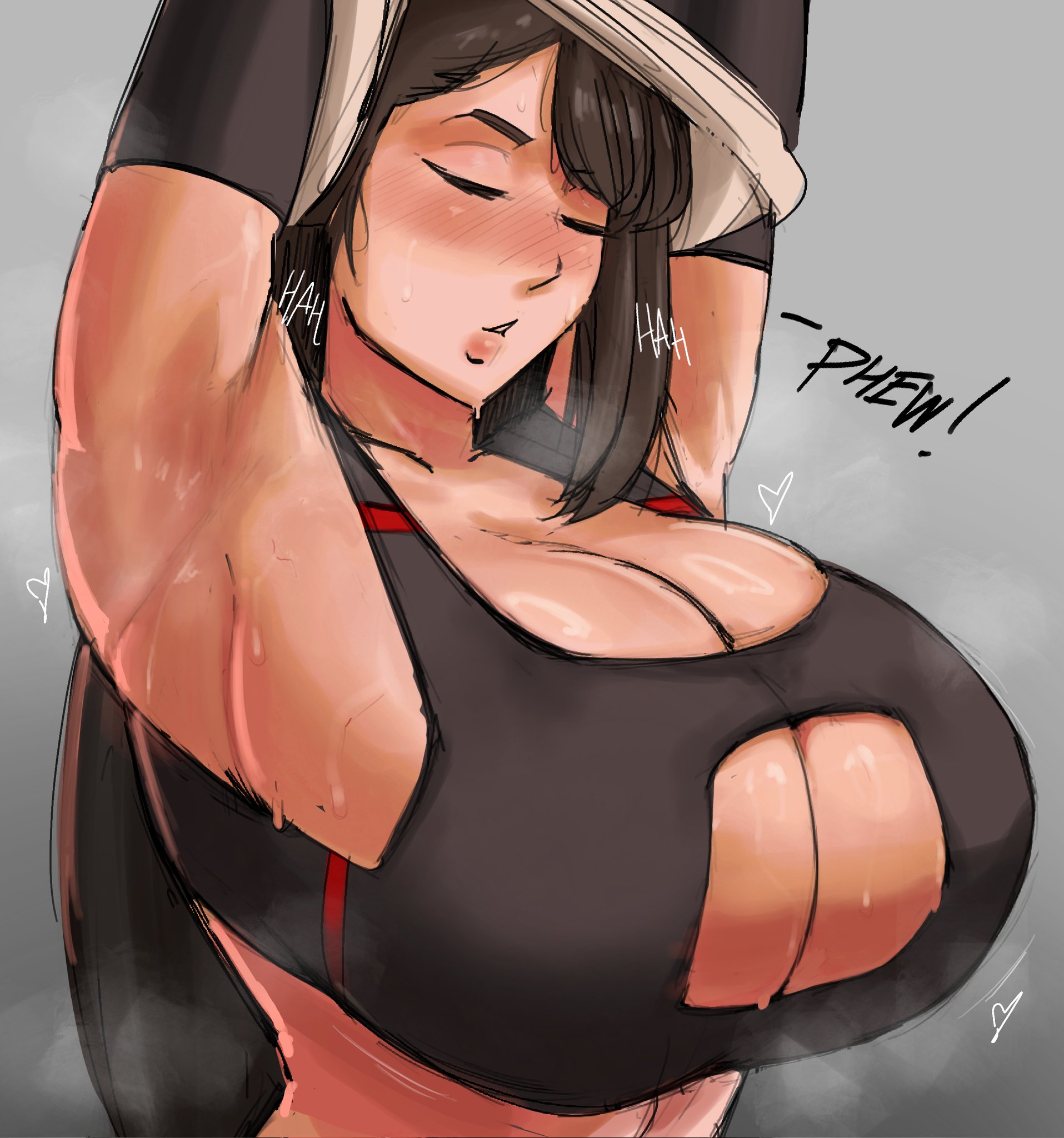 1girls, airing out, armpits, arms up, breasts, brown hair, cleavage, female, final fantasy, final fantasy vii, final fantasy vii remake, huge breasts, large breasts, light skin, light-skinned female, long hair, paranoiddroid, sweat, sweaty body, tifa lockhart, undressing