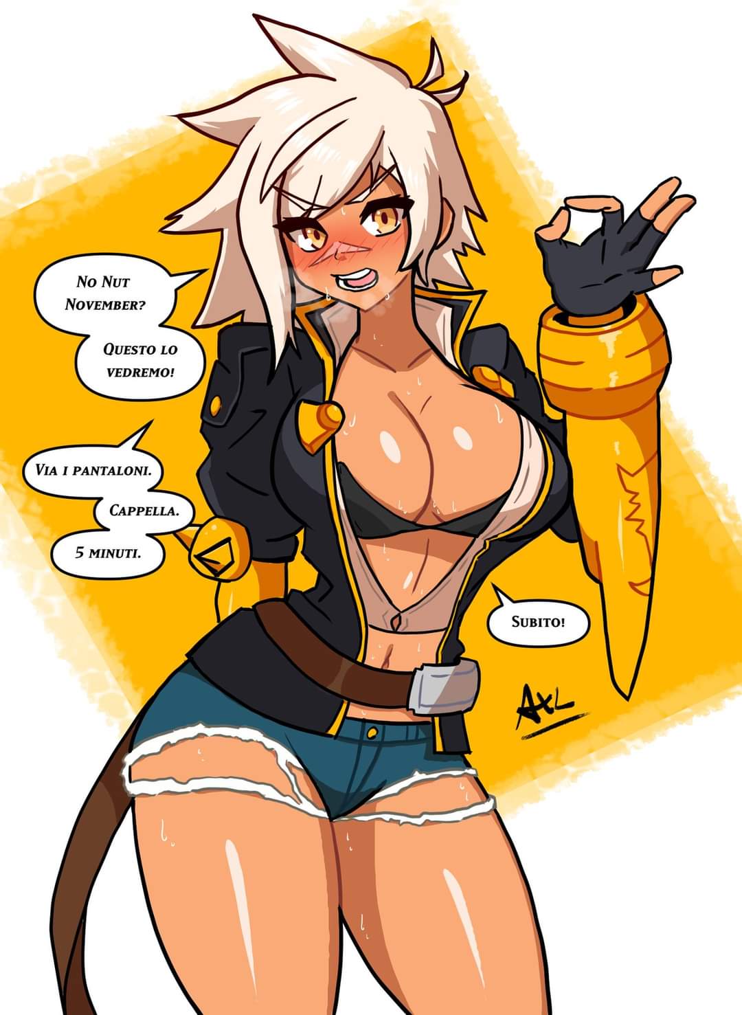 1girls axlcrow1 big_breasts blazblue blazblue:_central_fiction blazblue:_chronophantasma bullet_(blazblue) cute_face dark_skin dialogue female female_only hotpants italian_text no_nut_november orange_eyes tanned_skin teasing white_hair