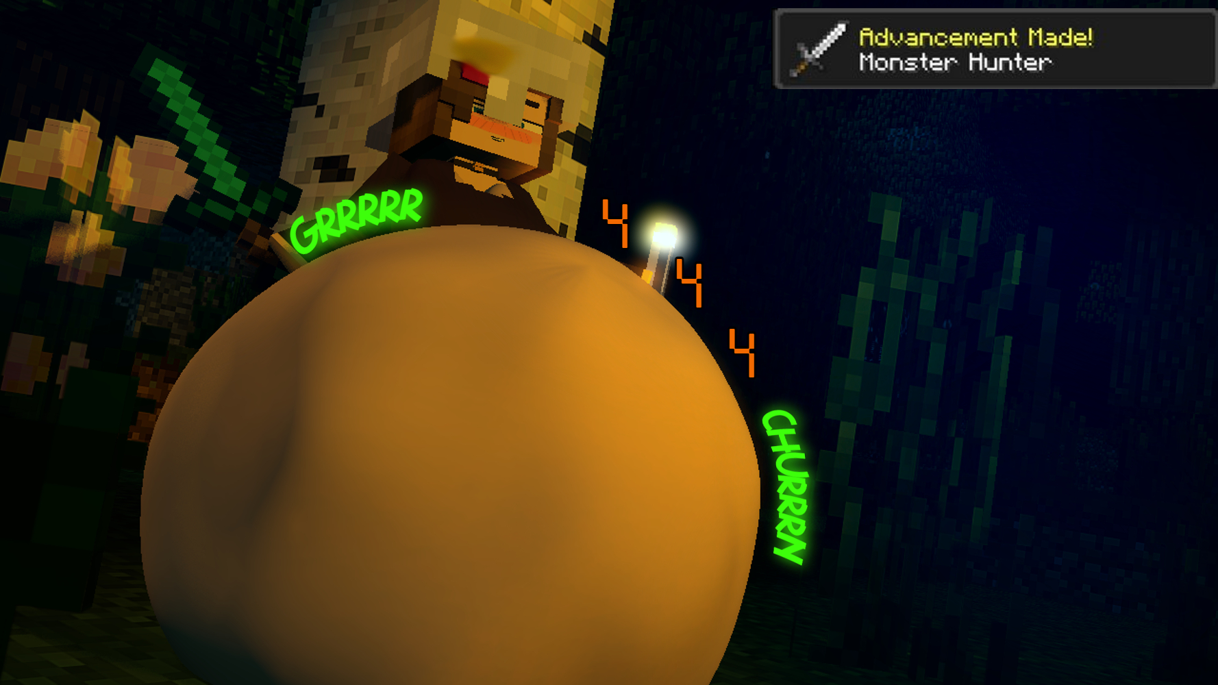 achievement, achievement unlocked, belly, big belly, damage numbers, digestion, digestion noises, female, fetish, huge belly, jenny belle (slipperyt), minecraft, mojang, oral vore, sfm, stomach, tagme (artist), vore, vore belly