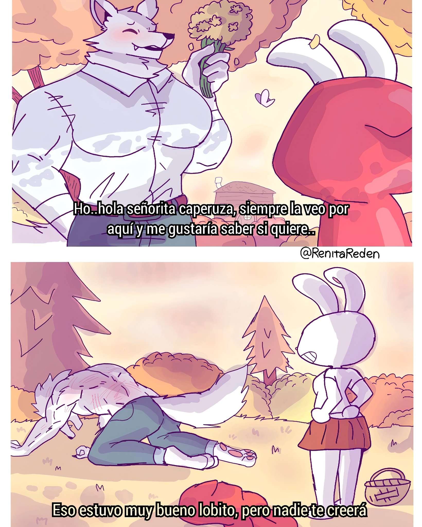 anthro big_bad_wolf bigger_male blush bunny_girl comic femdom flower flowers forest little_red_riding_hood_(copyright) male_blushing miniskirt muscular_male red_riding_hood renita_reed scratch_marks scratches smaller_female spanish_text wolf