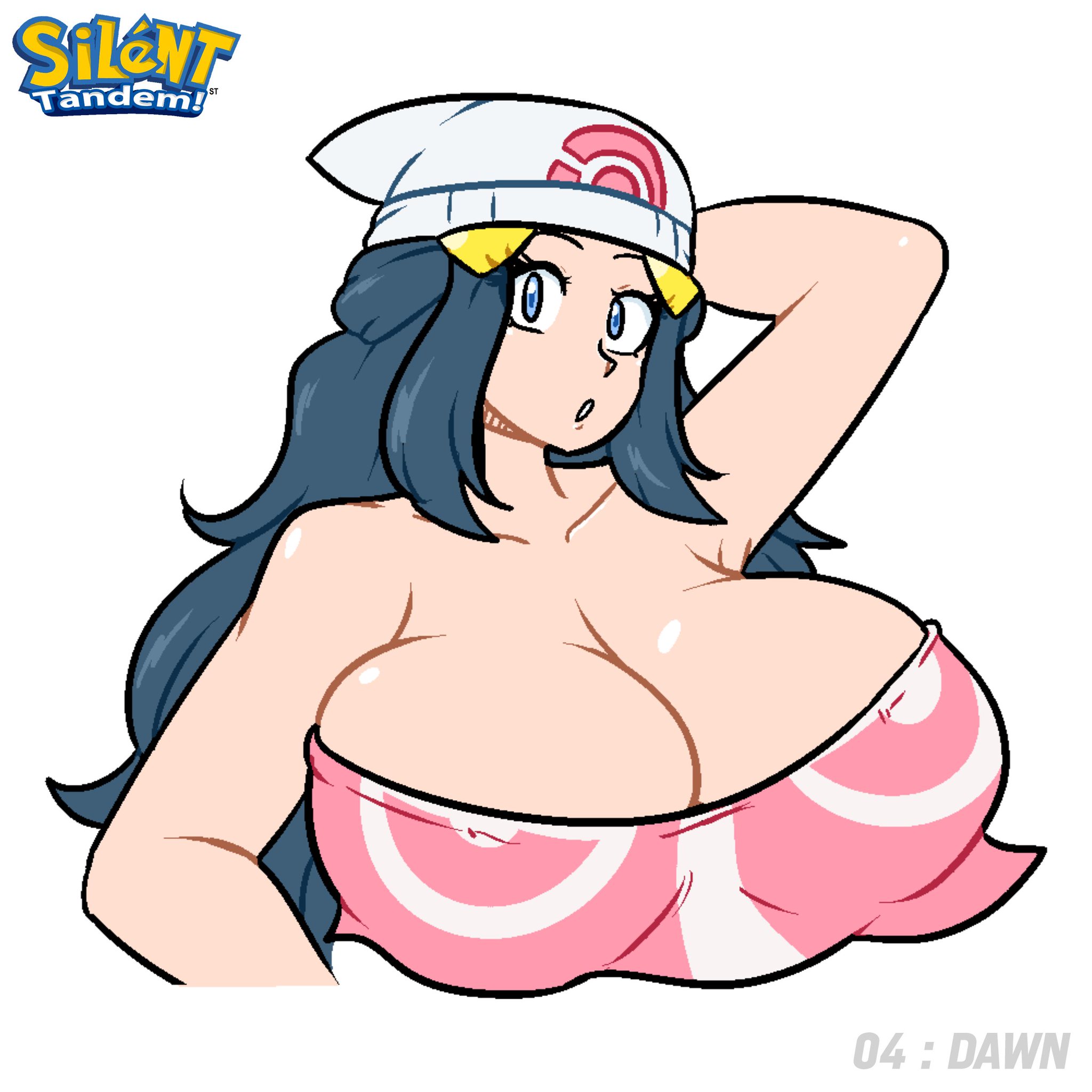 :o, 1girls, alternate breast size, arm behind head, bikini, bikini top, blue eyes, blue hair, breasts, cleavage, dawn (pokemon), female, hat, huge breasts, looking at viewer, pink bikini, pokemon, pokemon dppt, silenttandem, swimsuit