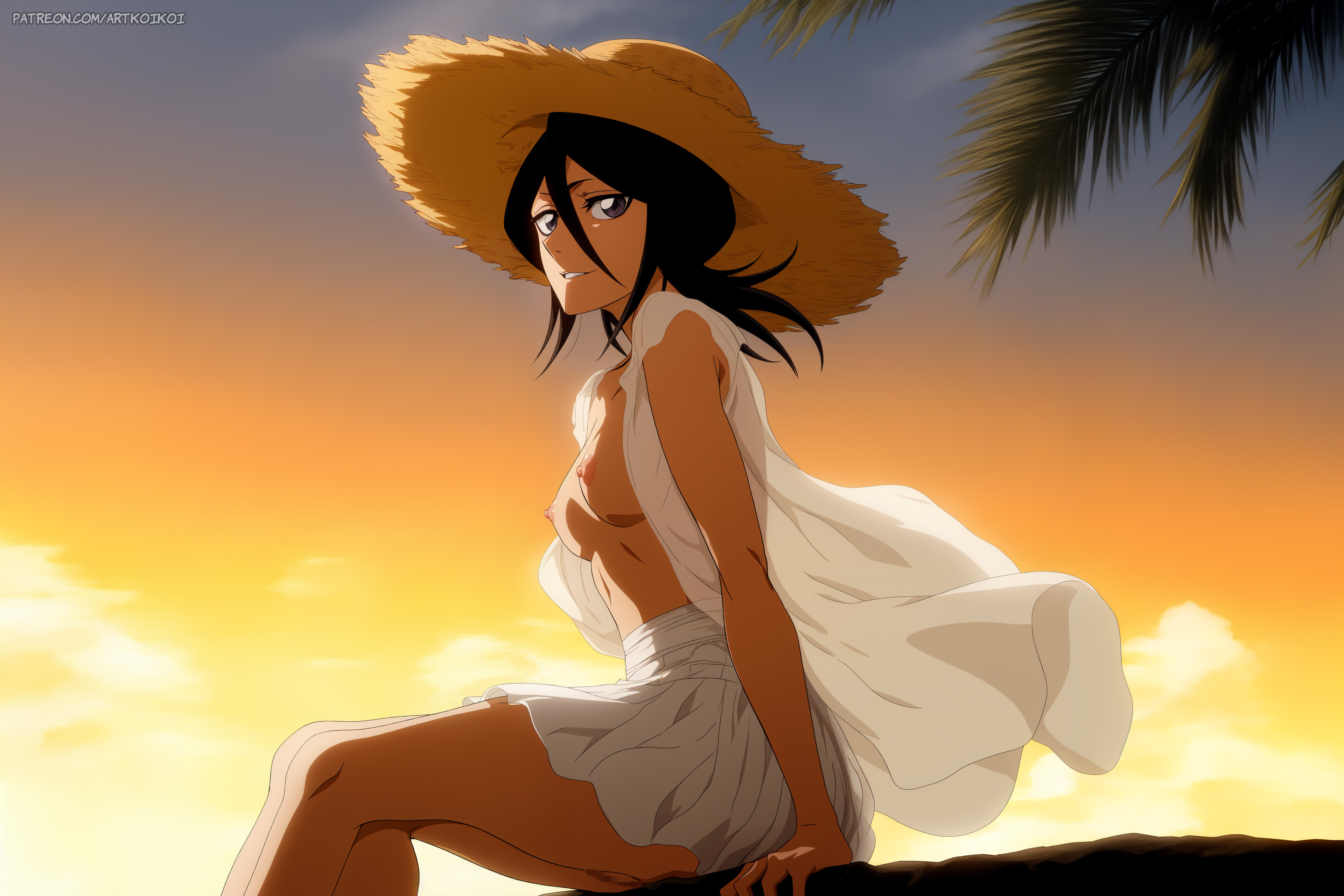 1girls, ai generated, arm support, artist name, artkoikoi, beach, black hair, bleach, bleach: the thousand-year blood war, breasts, cleavage, commentary, dusk, female, female focus, flat chest, hat, headwear, jacket, koikoi, kuchiki rukia, light skin, light-skinned female, long hair, looking at viewer, looking to the side, nai diffusion, nipples, outdoors, patreon username, perky breasts, petite, petite body, petite female, pettanko, seaside, see-through, see-through clothing, short, short female, shoulder length hair, side view, sideboob, sitting, skirt, small breasts, smaller female, stable diffusion, straw hat, summer hat, sunset, text, url, watermark, web address
