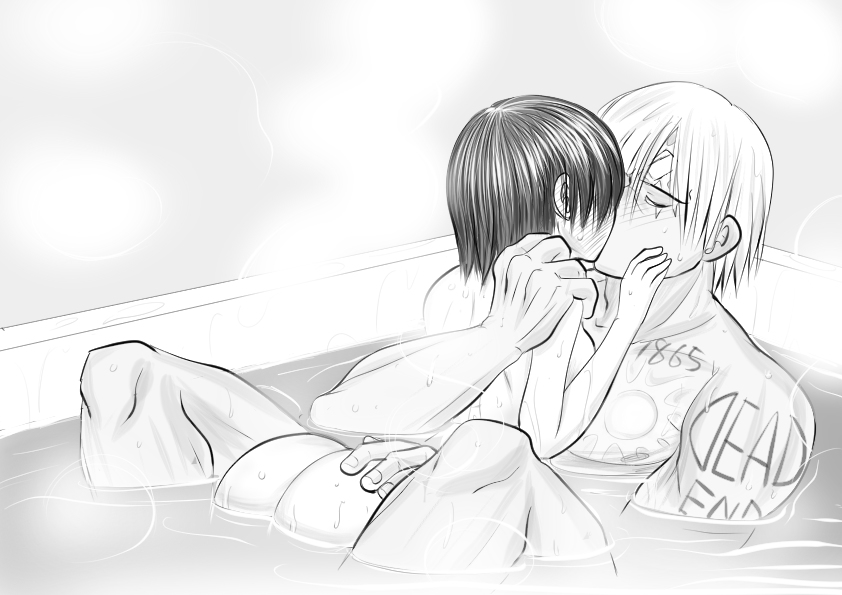 1boy 1girls andy_(undead_unluck) ass bathtub butt_grab couple_(romantic) female fuuko_izumo kissing male size_difference undead_unluck