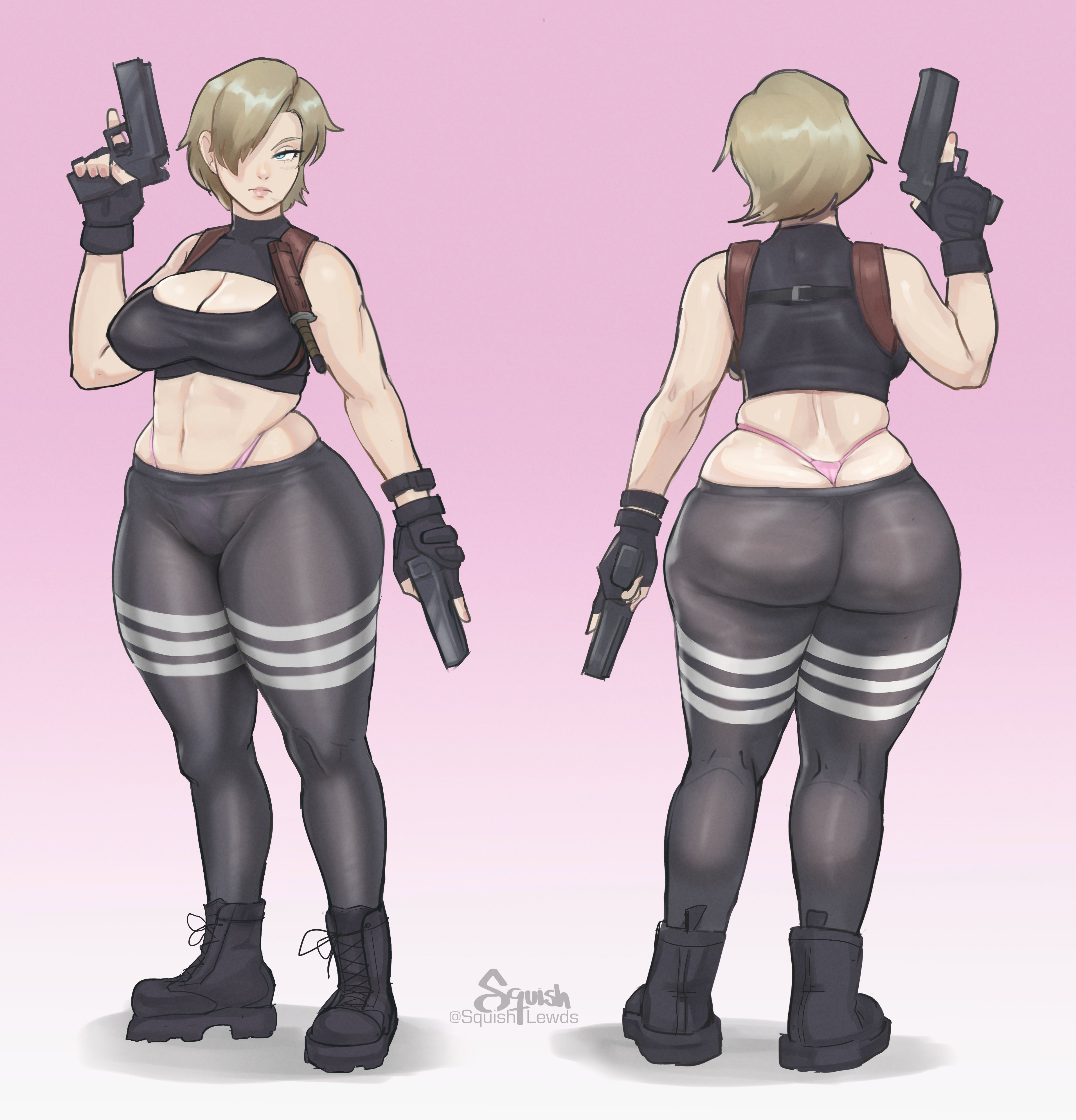 1girls, blonde hair, breasts, female, female focus, female only, genderswap, genderswap (mtf), large breasts, leon scott kennedy, leona scarlett kennedy, resident evil, resident evil 4, rule 63, short hair, solo, solo female, solo focus, squishlewds, thick thighs, wide hips, wide thighs