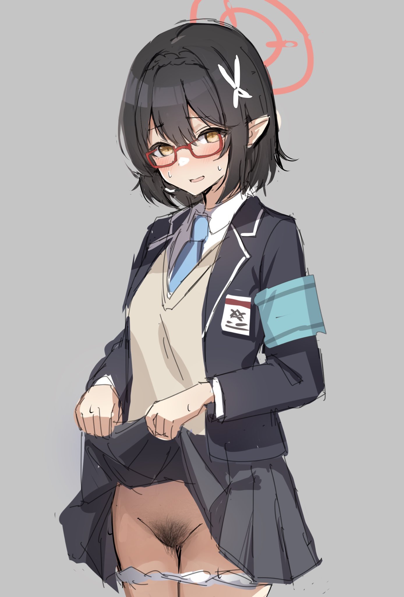 1girls, abydos high school student, ayane (blue archive), blue archive, blush, bush, bushy pubes, elf, elf ears, elf female, elf girl, embarrassed, female, female only, glasses, hairy pussy, highres, keman, knife ears, lifting skirt, light skin, light-skinned female, mostly clothed, nerd, nerdy, nerdy female, partially clothed, pervert, pointy ears, pussy, school uniform, schoolgirl, sharp ears, skirt, skirt lift, skirt up, smile, smiling, solo, sweat, sweating