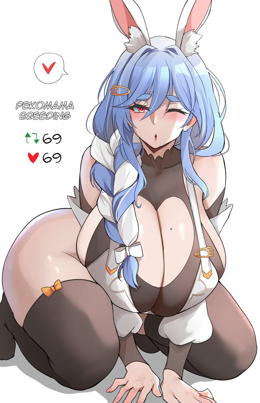 1girls animal_ears bent_forward big_breasts black_thighhighs blowing_kiss blue_hair blush braid breasts breasts_together chestnut_mouth child_bearing_hips cleavage cleavage_cutout clothing_cutout ear_fluff english_text fake_animal_ears female female_only front_heavy_breasts hair_ornament hair_ribbon hairclip heart_cutout highres hololive hololive_fantasy hololive_japan huge_breasts huge_cleavage hyper_hips lainart legwear light-skinned_female light_blue_hair light_skin like_and_retweet long_breasts long_cleavage long_hair looking_at_viewer low_hanging_breasts mature mature_female meme mole mole_(marking) mole_on_breast multicolored_hair one_eye_closed pekomama pendulous_breasts pink_inner_ear pink_nails rabbit_ears rabbit_hair_ornament red_eyes seiza single_braid sitting small_mouth solo thick_eyebrows thick_thighs thighhighs thighs twitter_strip_game_(meme) two-tone_hair two_tone_hair virtual_youtuber voluptuous voluptuous_female white_background white_ears white_hair white_ribbon wide_hips