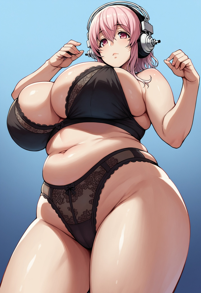 ai_generated aijuicer bare_legs big_thighs breasts_bigger_than_head chubby_female gigantic_breasts headphones huge_breasts lingerie lingerie_only long_hair nitroplus pink_eyes pink_hair super_sonico super_sonico_(series) thick_thighs thighs voluptuous voluptuous_female