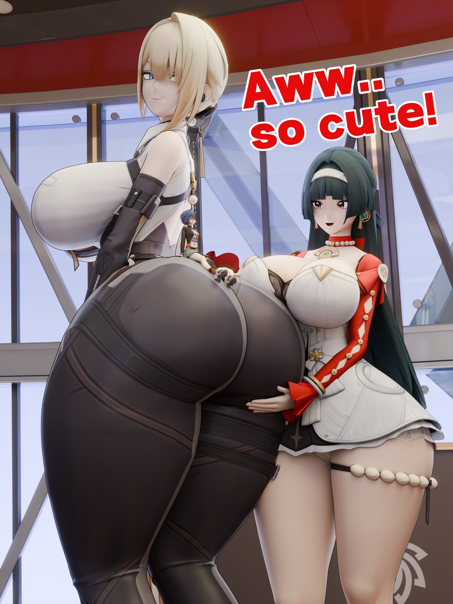 3d, 3d (artwork), 3girls, ass, astra yao, bangs, big ass, big breasts, big butt, bigger female, black hair, black-haired female, blonde female, blonde hair, blonde-haired female, blue hair, blue-haired female, breasts, clothed, clothed female, decodec, evelyn chevalier, extreme size difference, female, giantess, height difference, hips, large ass, large boobs, large breasts, large butt, large female, larger female, light skin, light-skinned female, long hair, mini giantess, short hair, shorter female, size difference, smaller female, thick thighs, thighs, video game character, weird proportions, wide hips, zenless zone zero