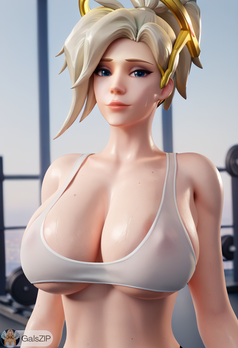 ai_generated angela_ziegler big_breasts blizzard_entertainment blonde_hair blue_eyes cleavage cleavage_cutout cleavage_overflow galszip gym gym_clothes gym_uniform hands_up huge_breasts mercy overwatch overwatch_2 seductive_look sweat sweatdrop sweating white_top