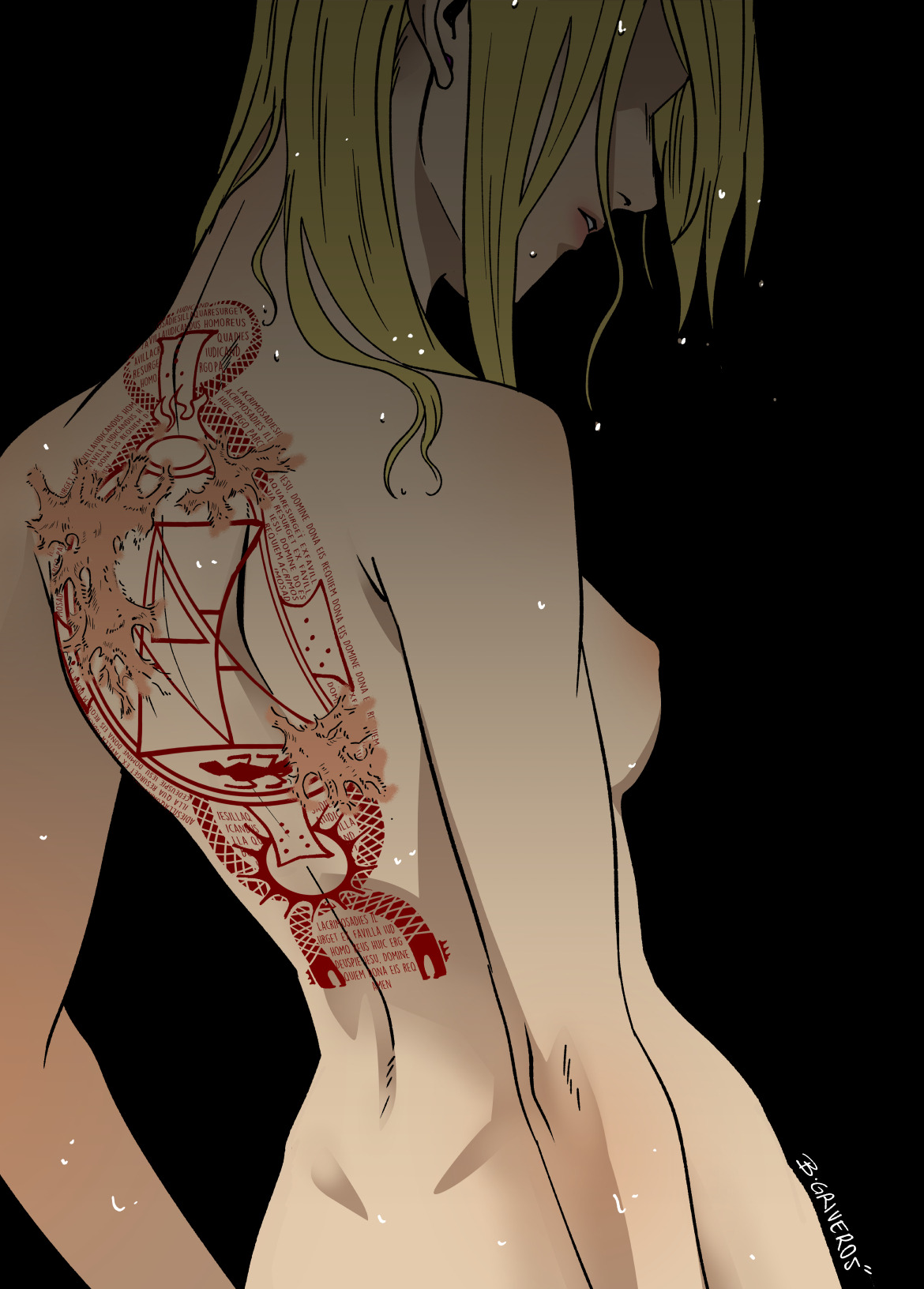 back, back tattoo, back view, breasts, female, fullmetal alchemist, hidden eyes, riza hawkeye, tagme, wet hair