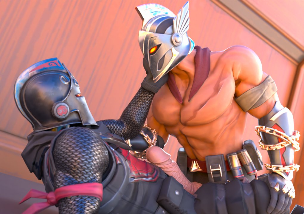 2boys ares_(fortnite) big_penis black_knight_(fortnite) faceless_male fortnite gay helmet helmet_covering_face helmet_only huge_cock knight male male/male male_only mask masked masked_male muscular muscular_male penis shirtless shirtless_male