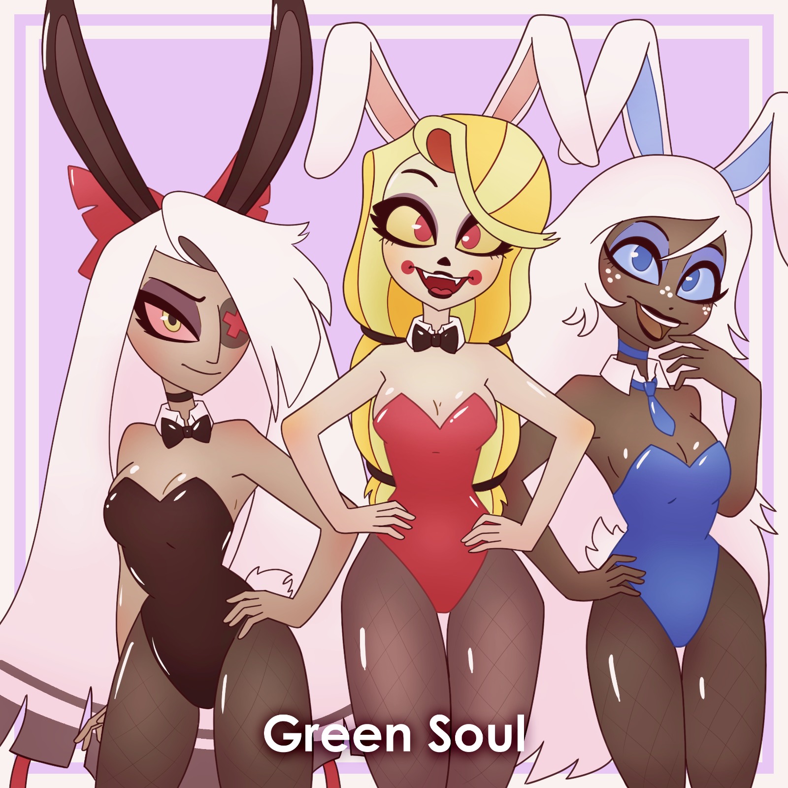 bunny costume, bunny girl, bunnysuit, charlie morningstar (hazbin hotel), emily (hazbin hotel), female, hazbin hotel, source request, tagme, tagme (artist), trio, vaggie (hazbin hotel)