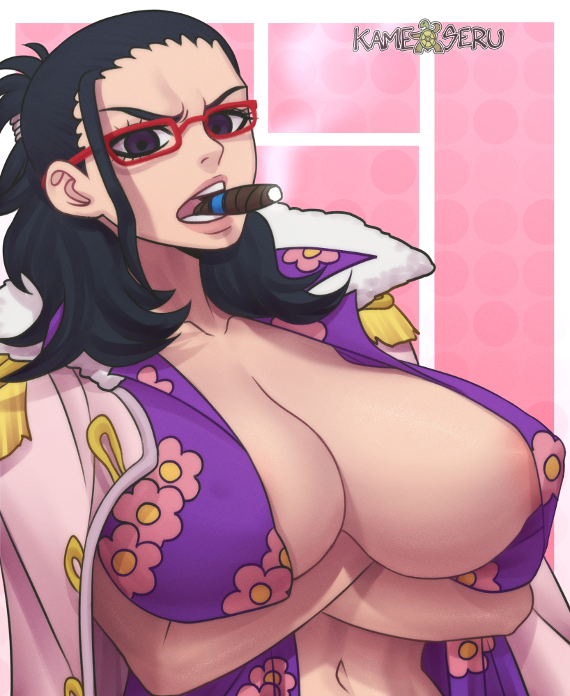 1girls big_breasts black_hair cigar female female_only glasses hawaiian_shirt kameseru marine_(one_piece) one_piece partially_clothed post-timeskip shirt_open smoker_(one_piece)_(cosplay) smoking smoking_cigar solo tashigi