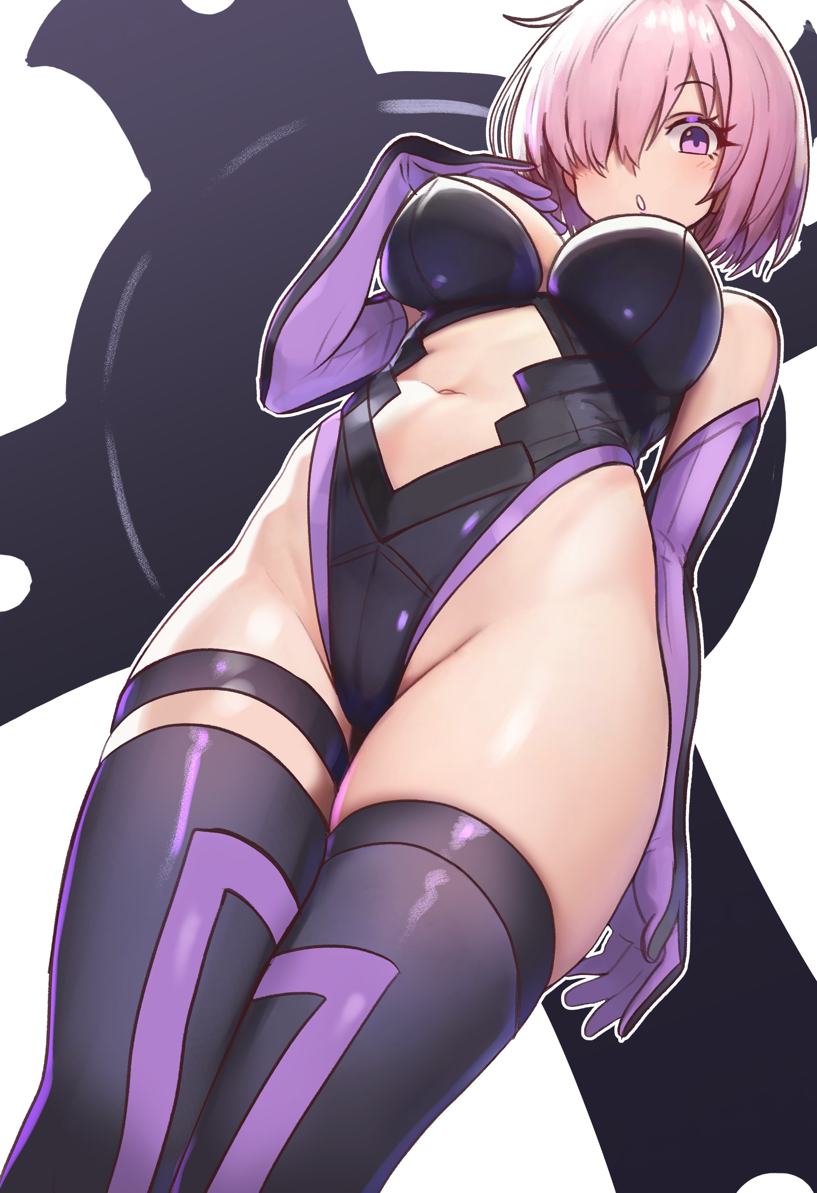 1girls, breasts, ebora, fate (series), fate/grand order, female, hair over one eye, high resolution, highleg leotard, large breasts, leotard, light skin, light-skinned female, low-angle view, mash kyrielight, pink hair, purple eyes, short hair, tight clothing, youngmanisdown