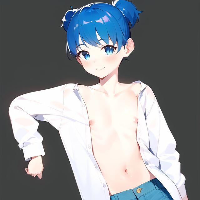 ai_generated blue_eyes blue_hair breasts clothed day_when_world_become_free hami looking_at_viewer nipples short_hair small_breasts smiling smiling_at_viewer unbuttoned unbuttoned_shirt