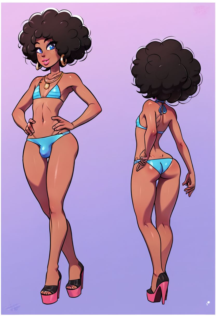 1boy afro ai_generated androgynous ass bikini blue_eyes bulge dark-skinned_femboy dark-skinned_male dark_skin earrings ebony femboy femboy_only girly high_heels hoop_earrings male male_only necklace open-toe_heels original platform_heels sissy solo swimwear thong_bikini trap unknown_artist