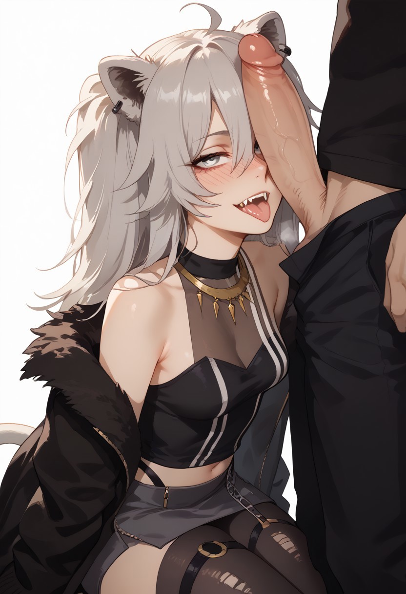 ai generated, breasts, cat ears, cock, female, grey eyes, grey hair, hexd, hololive, hololive gen 5, hololive japan, horny female, imminent oral, large penis, lion ears, lion girl, looking at penis, male, medium breasts, open mouth, penis, penis awe, shishiro botan, tongue, tongue out, virtual youtuber