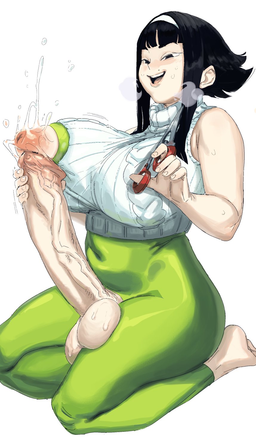 1futa areolae balls balls_on_leg bangs barefoot black_hair breasts clothed clothing dickgirl erection futa_only futanari green_skirt hairband heavy_breathing huge_breasts huge_cock human inverted_nipples jerkingoff kneeling large_balls light-skinned_futanari light_skin masturbation mole mole_under_eye mostly_clothed nipple_cutout nipples one_nipple_out original_character penis precum q scissors skirt sleeveless smile solo starhump sweat sweater sweaty thick_thighs torn_clothes turtleneck turtleneck_sweater white_sweater wide_hips