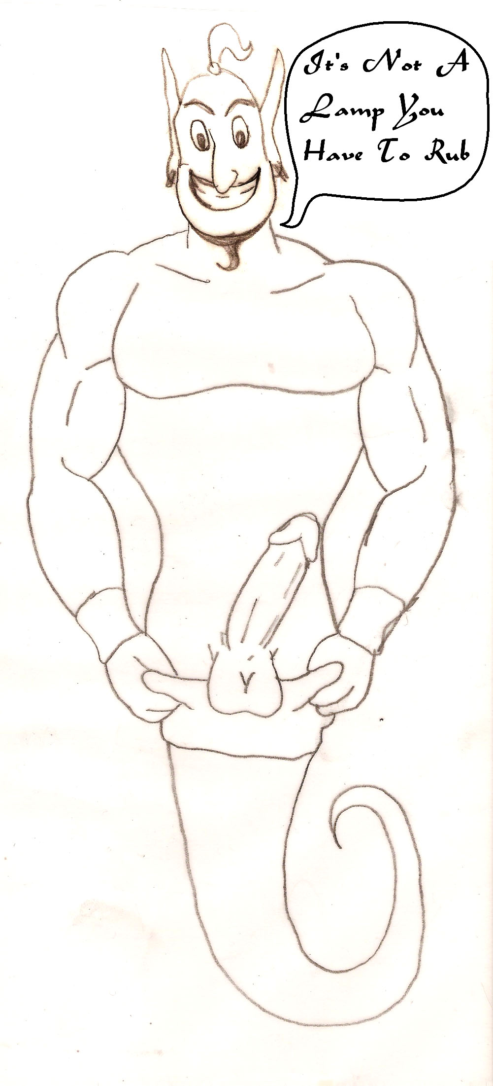 1boy aladdin disney erection genie genie_(aladdin) male male_only monochrome penis rough_sketch solo tagme testicles