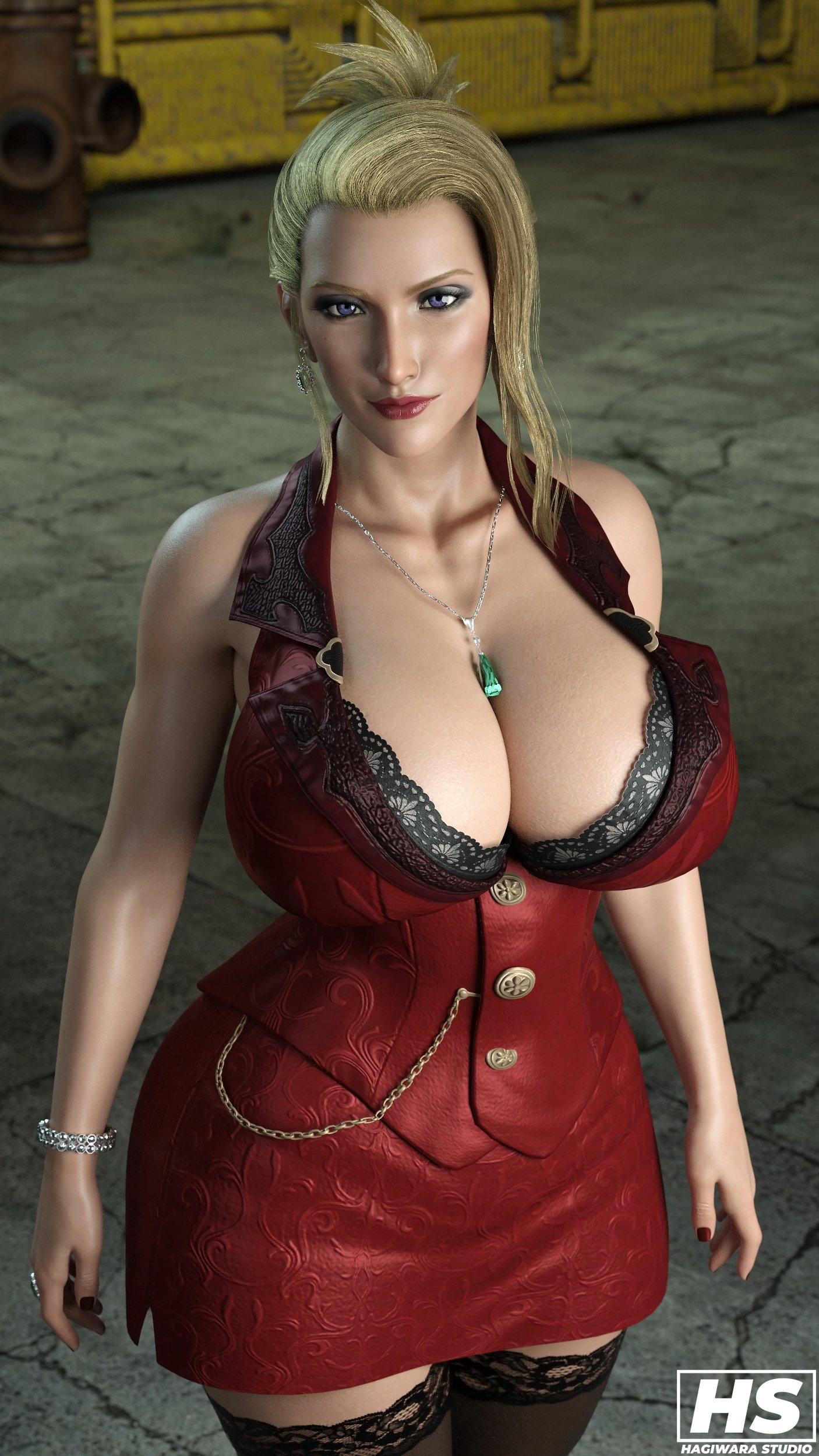 3d, ass, big breasts, blonde hair, breasts, cleavage, dress, dress inside ass, female, final fantasy, final fantasy vii, final fantasy vii remake, hagiwara studio, huge ass, huge breasts, large ass, large breasts, mature female, milf, pose, posing, scarlet (ffvii), thick, thick ass, thick hips, thick thighs, tight clothing, wide hips