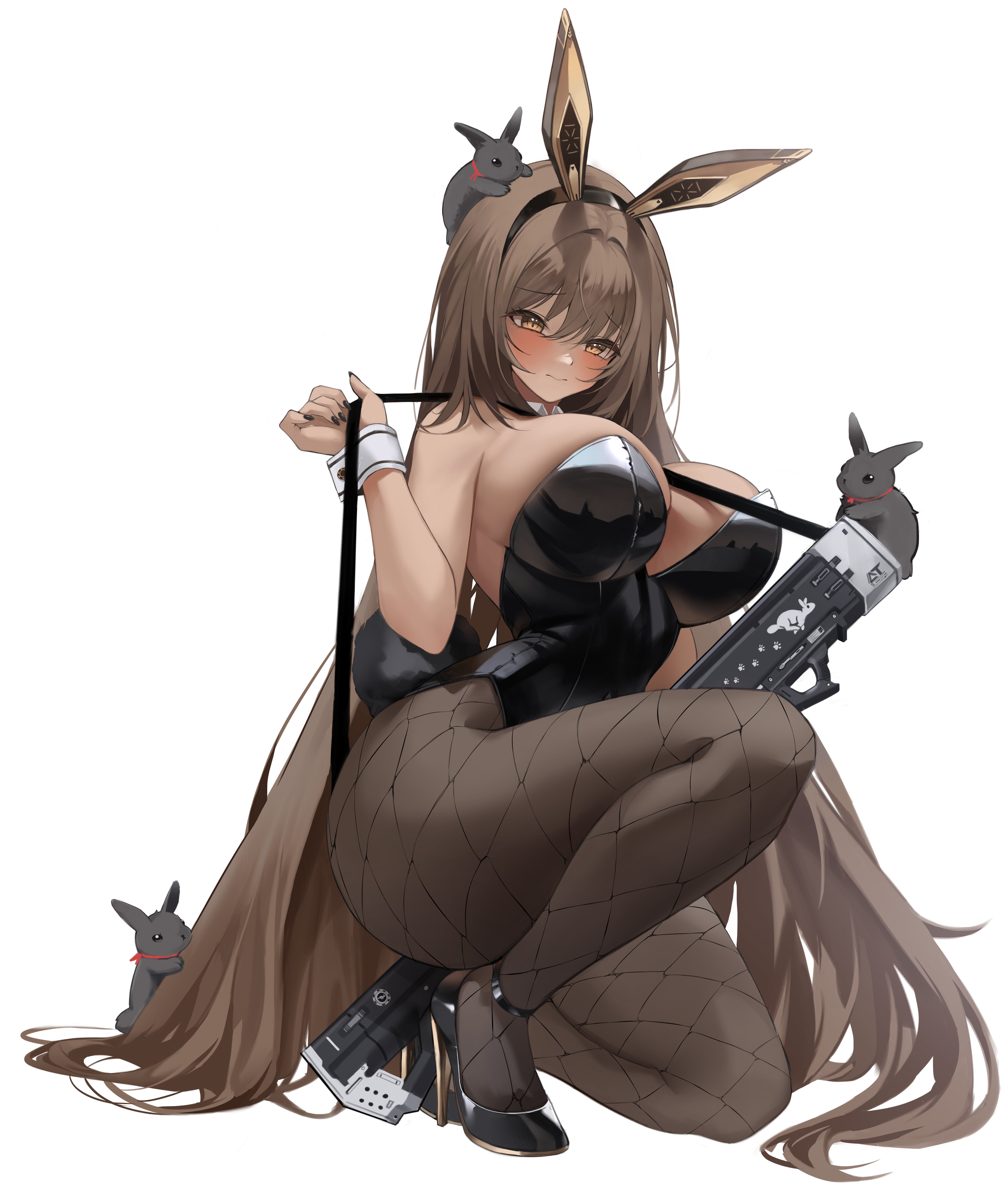 1girls, blush, breasts, brown hair, bunny, bunny ears, bunnysuit, dark skin, dark-skinned female, female, female only, fishnets, goddess of victory: nikke, kneeling, large breasts, long hair, noir (nikke), orange eyes, pantyhose, thick thighs, white background, wide hips