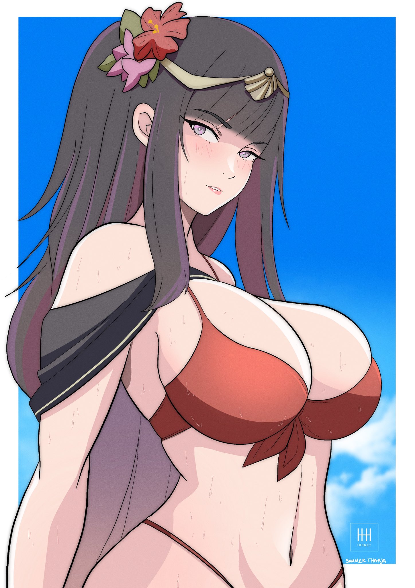 alternate costume, bikini, breasts, female, female only, fire emblem, fire emblem awakening, fire emblem heroes, ihsnet, nintendo, official alternate costume, red bikini, red swimsuit, solo, swimsuit, tharja (fire emblem), wet