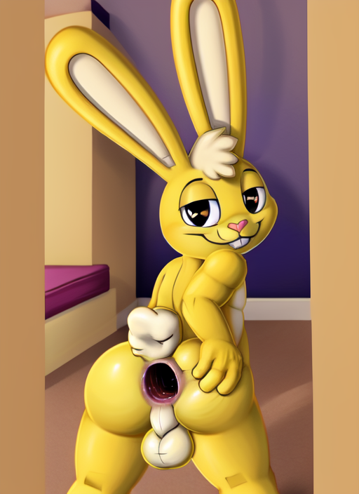 anthro anthro_only ass asshole big_butt cuddles_(htf) cute_expression cute_face furry furry_only gaping gaping_anus gay gay_anal gay_male gay_sex happy_tree_friends looking_at_viewer looking_back male_only projectai23 rabbit smile standing